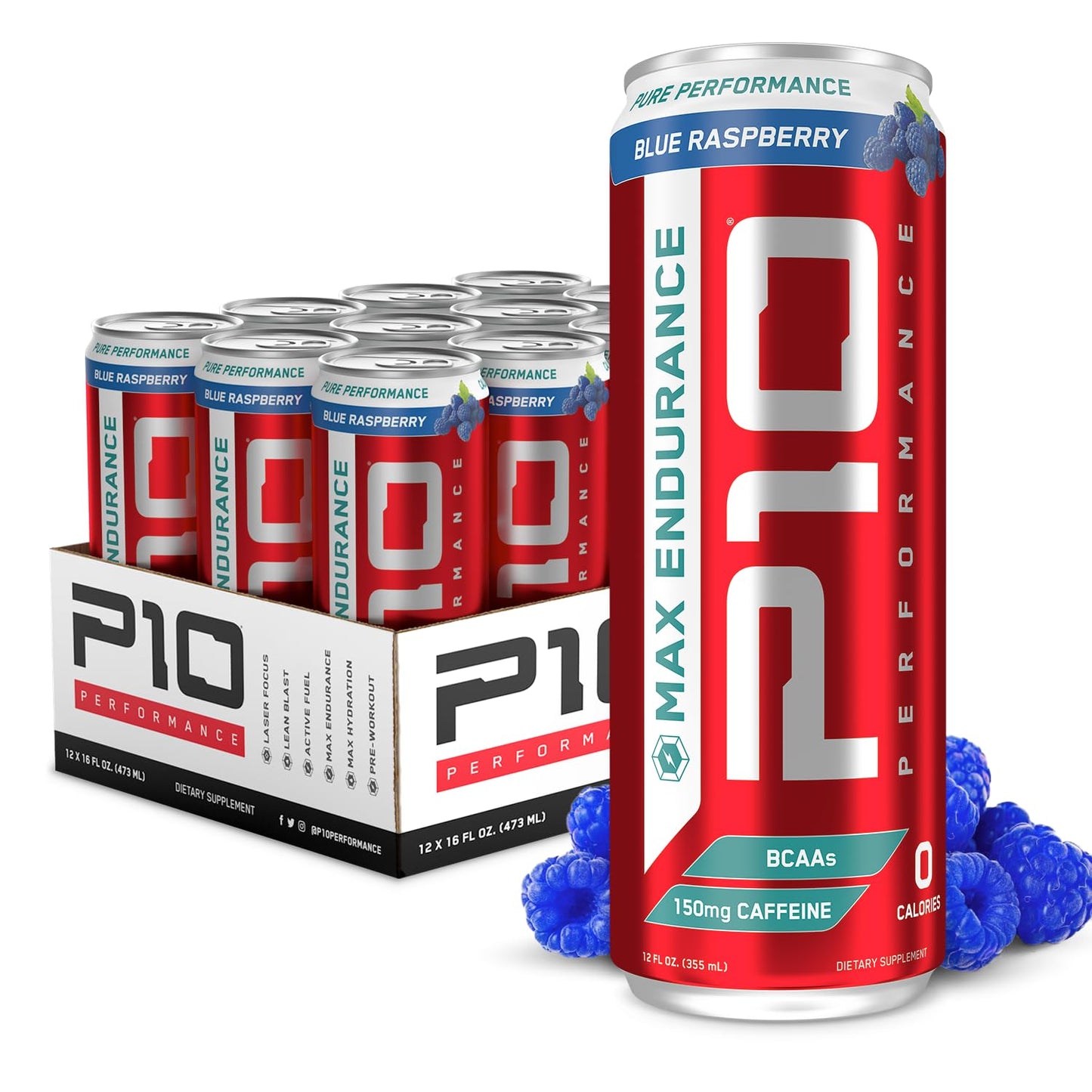 P10 Performance Max Endurance Drink - Sugar Free, Electrolytes, BCAAs, Creatine & 200mg Caffeine, 12oz Cans - Blue Raspberry (12-Pack)