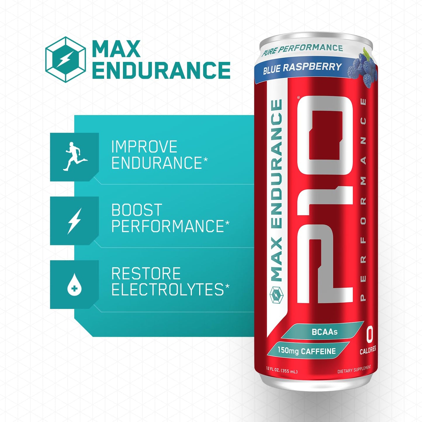 P10 Performance Max Endurance Drink - Sugar Free, Electrolytes, BCAAs, Creatine & 200mg Caffeine, 12oz Cans - Blue Raspberry (12-Pack)