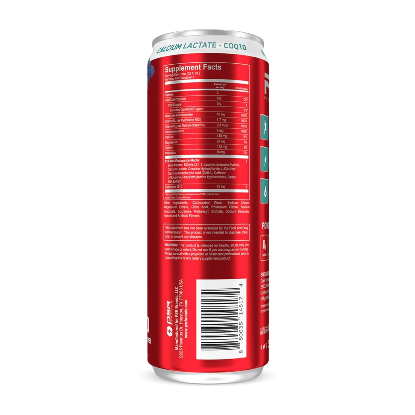 P10 Performance Max Endurance Drink - Sugar Free, Electrolytes, BCAAs, Creatine & 200mg Caffeine, 12oz Cans - Blue Raspberry (12-Pack)