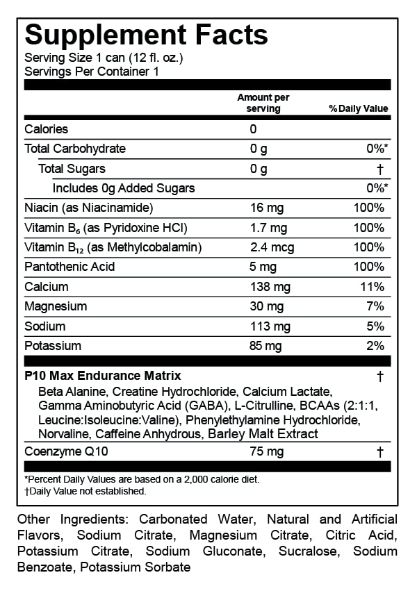 P10 Performance Max Endurance Drink - Sugar Free, Electrolytes, BCAAs, Creatine & 200mg Caffeine, 12oz Cans - Blue Raspberry (12-Pack)