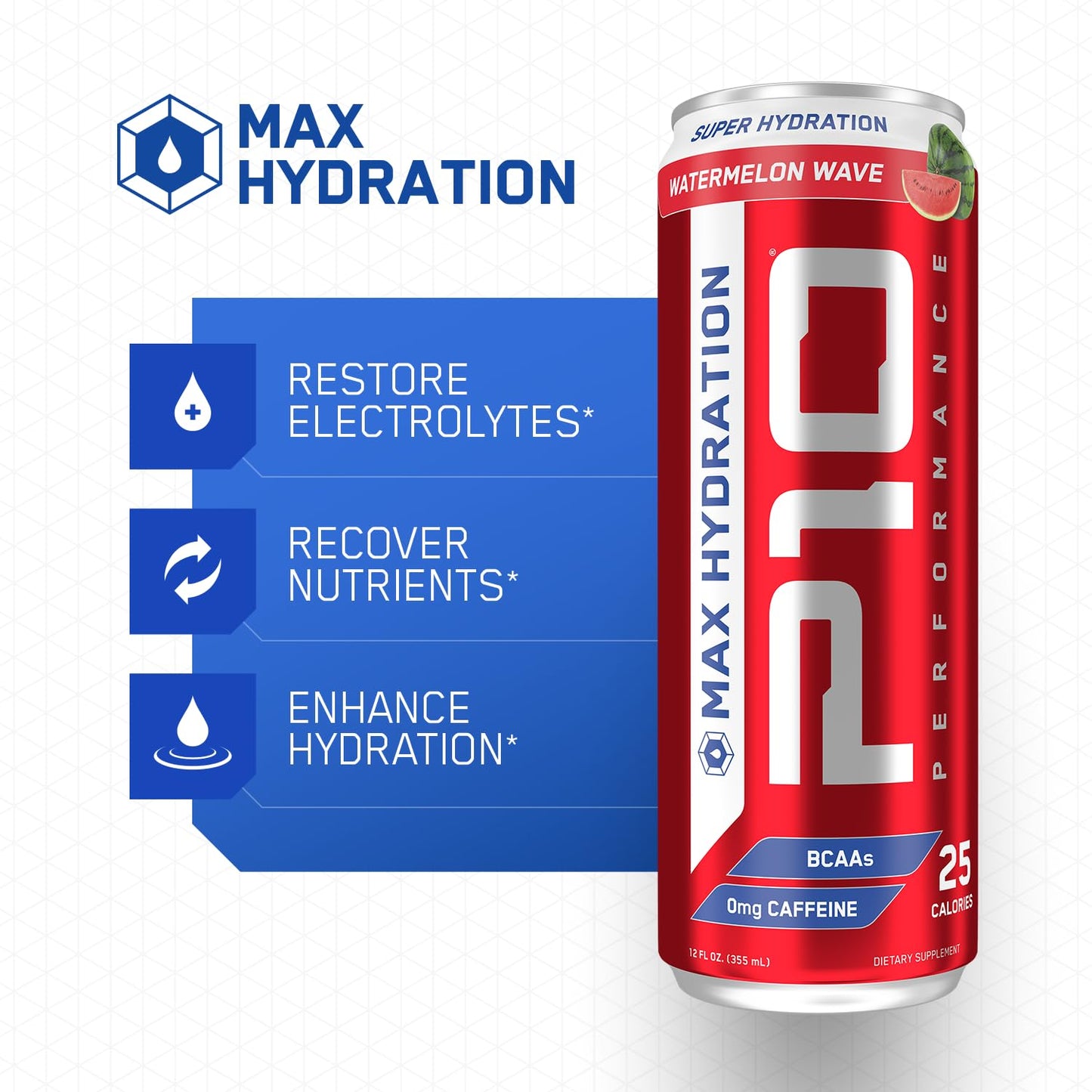 P10 Performance Max Hydration Fitness Recovery Drink, Restore Electrolytes, Recovery Nutrients, Hydration With BCAAs, Magnesium, Potassium; Caffeine Free, 12 Fl Oz Cans - Watermelon Wave (12 Pack)