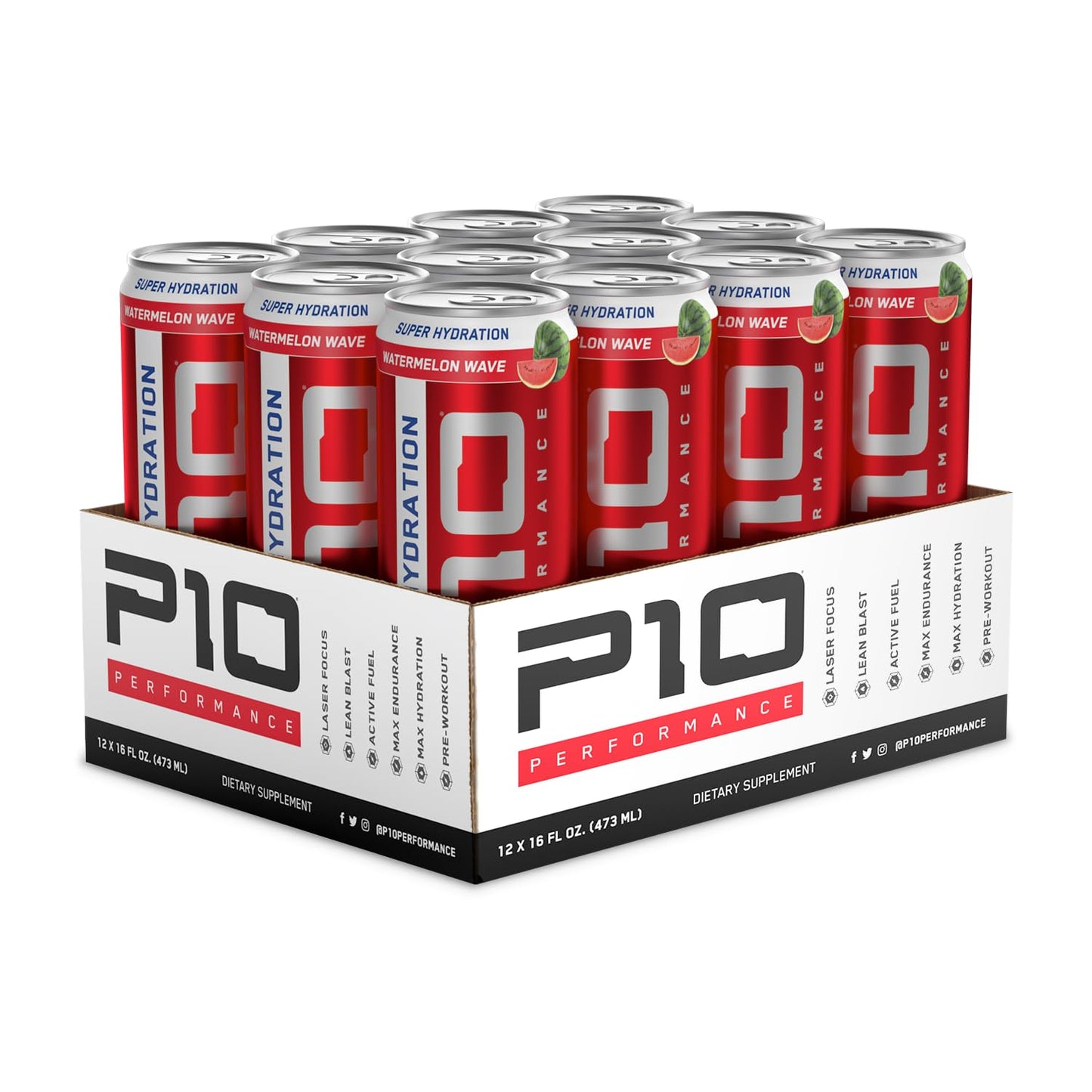 P10 Performance Max Hydration Fitness Recovery Drink, Restore Electrolytes, Recovery Nutrients, Hydration With BCAAs, Magnesium, Potassium; Caffeine Free, 12 Fl Oz Cans - Watermelon Wave (12 Pack)