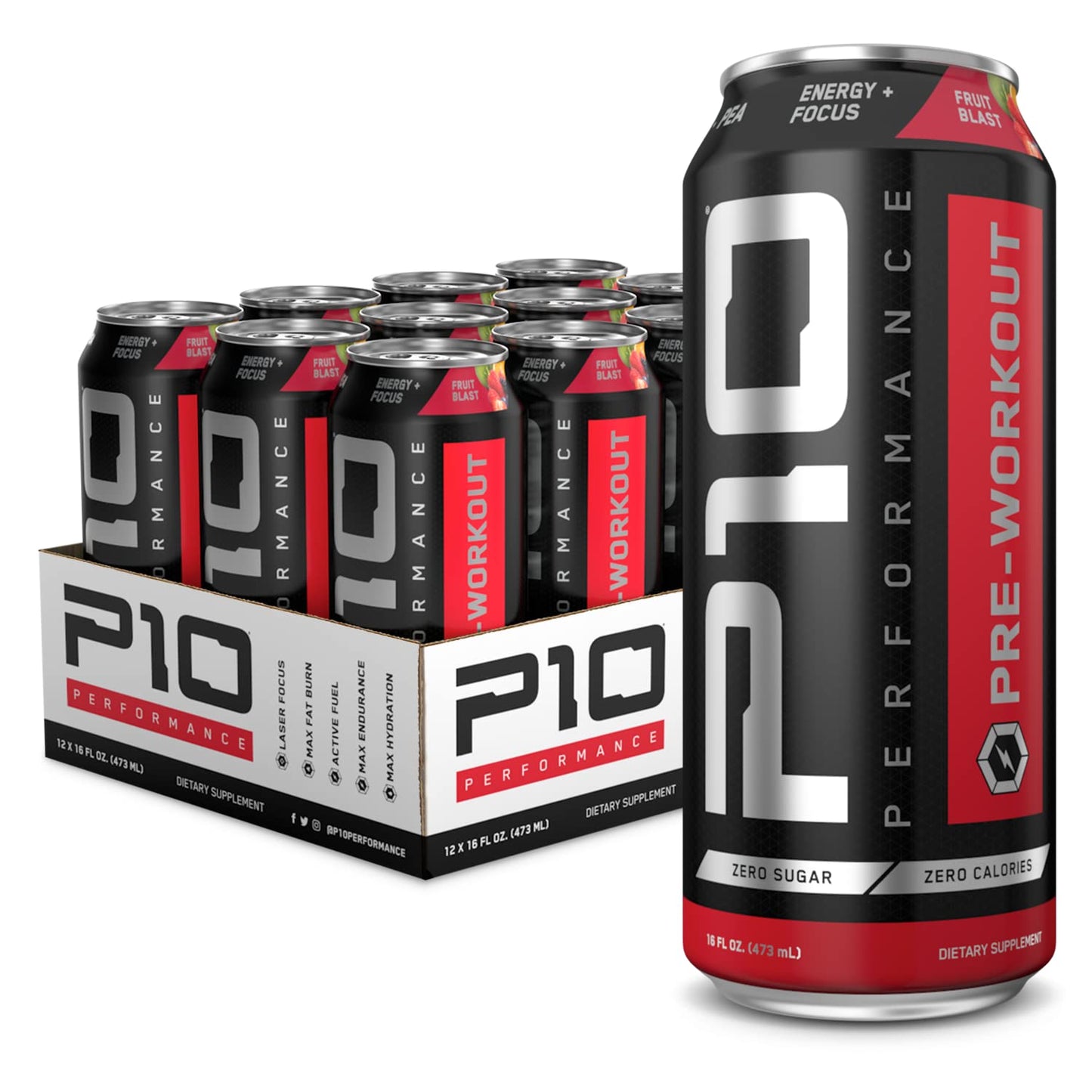 P10 Performance - Pre Workout Drink - Sugar Free, Energy & Focus, BCAAs & Creatine, 200mg of Caffeine, 16oz Cans - Fruit Blast (12-Pack)-