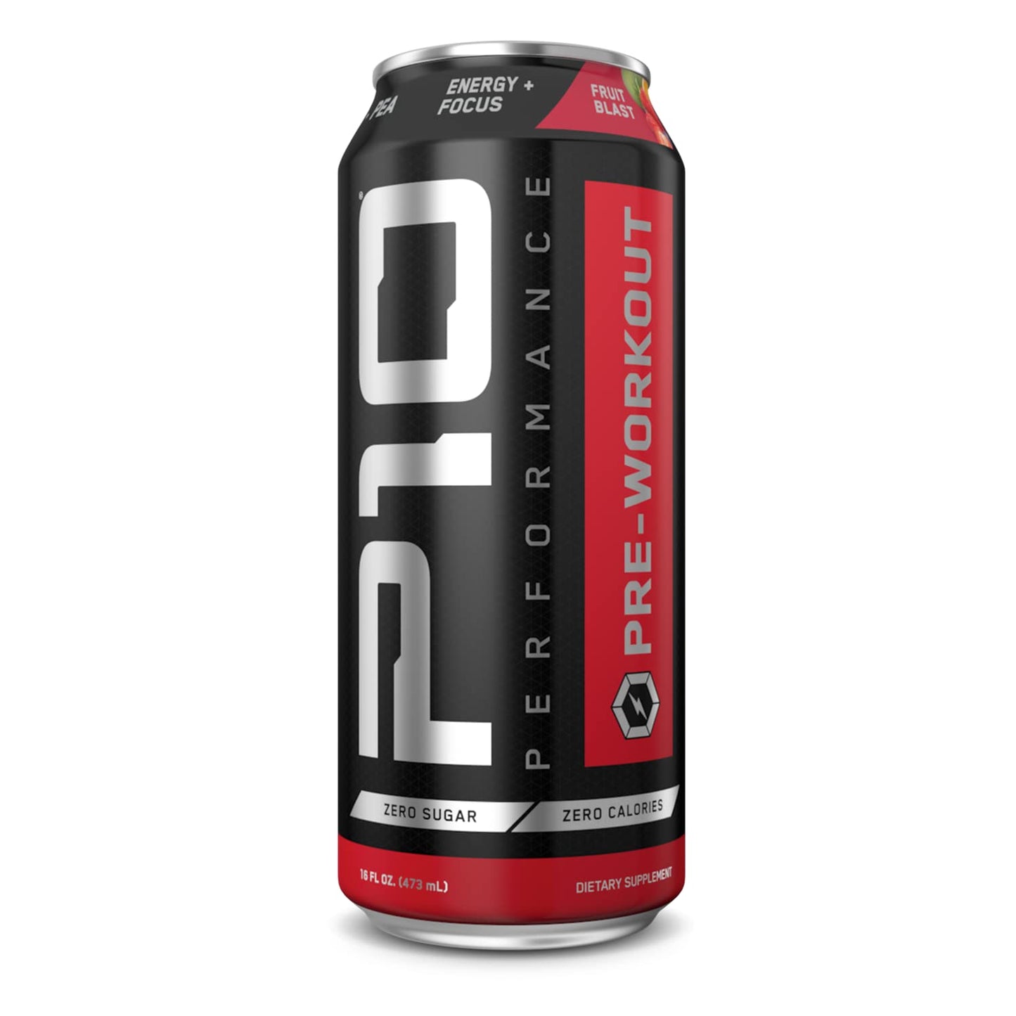 P10 Performance - Pre Workout Drink - Sugar Free, Energy & Focus, BCAAs & Creatine, 200mg of Caffeine, 16oz Cans - Fruit Blast (12-Pack)-