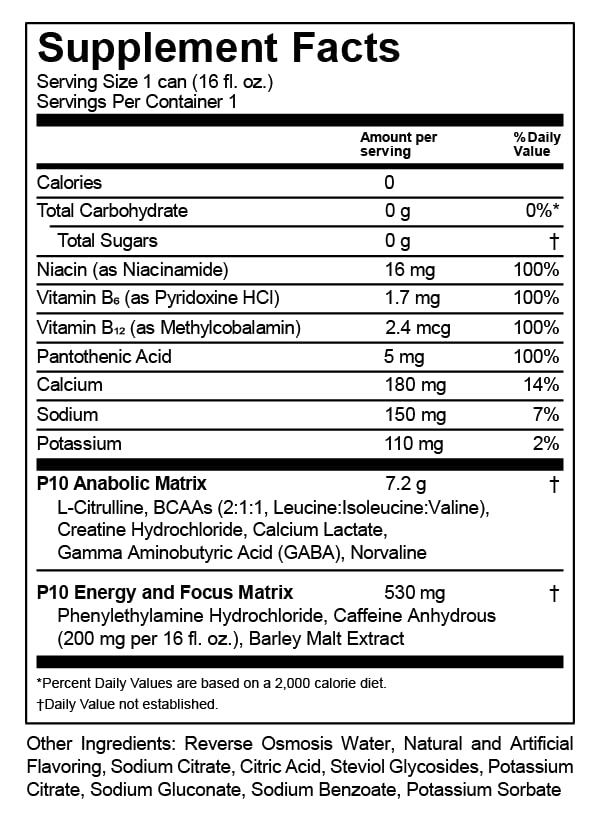P10 Performance - Pre Workout Drink - Sugar Free, Energy & Focus, BCAAs & Creatine, 200mg of Caffeine, 16oz Cans - Fruit Blast (12-Pack)-