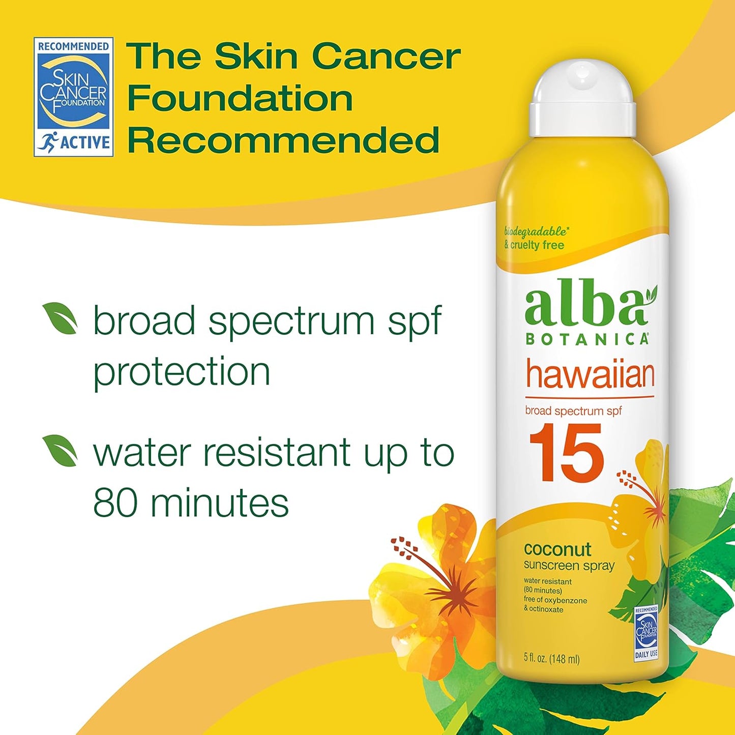 Alba Botanica Sunscreen Spray for Face and Body, Broad Spectrum SPF 15 Sunscreen, Hawaiian Coconut, Water Resistant and Biodegradable, 5 fl. oz. Bottle (Pack of 2)