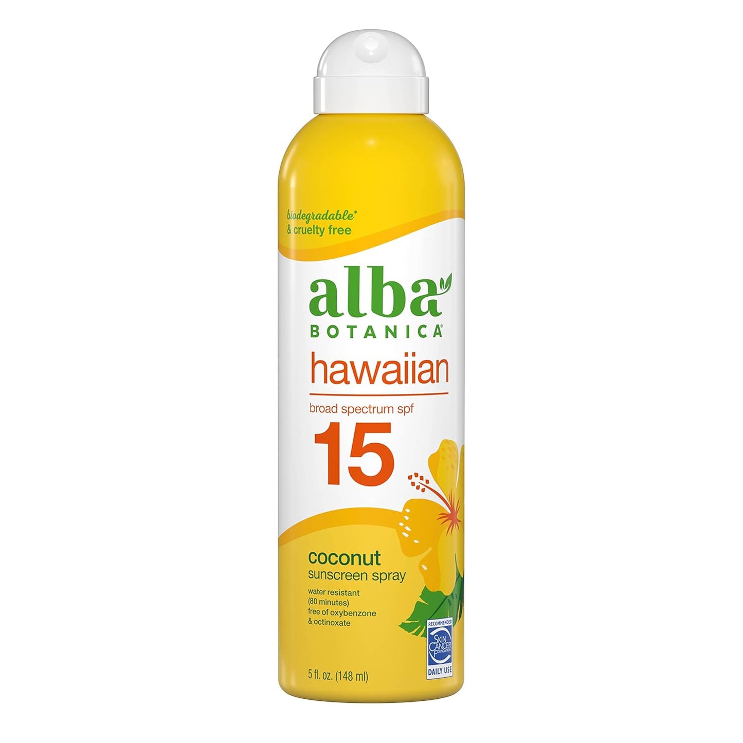 Alba Botanica Sunscreen Spray for Face and Body, Broad Spectrum SPF 15 Sunscreen, Hawaiian Coconut, Water Resistant and Biodegradable, 5 fl. oz. Bottle (Pack of 2)