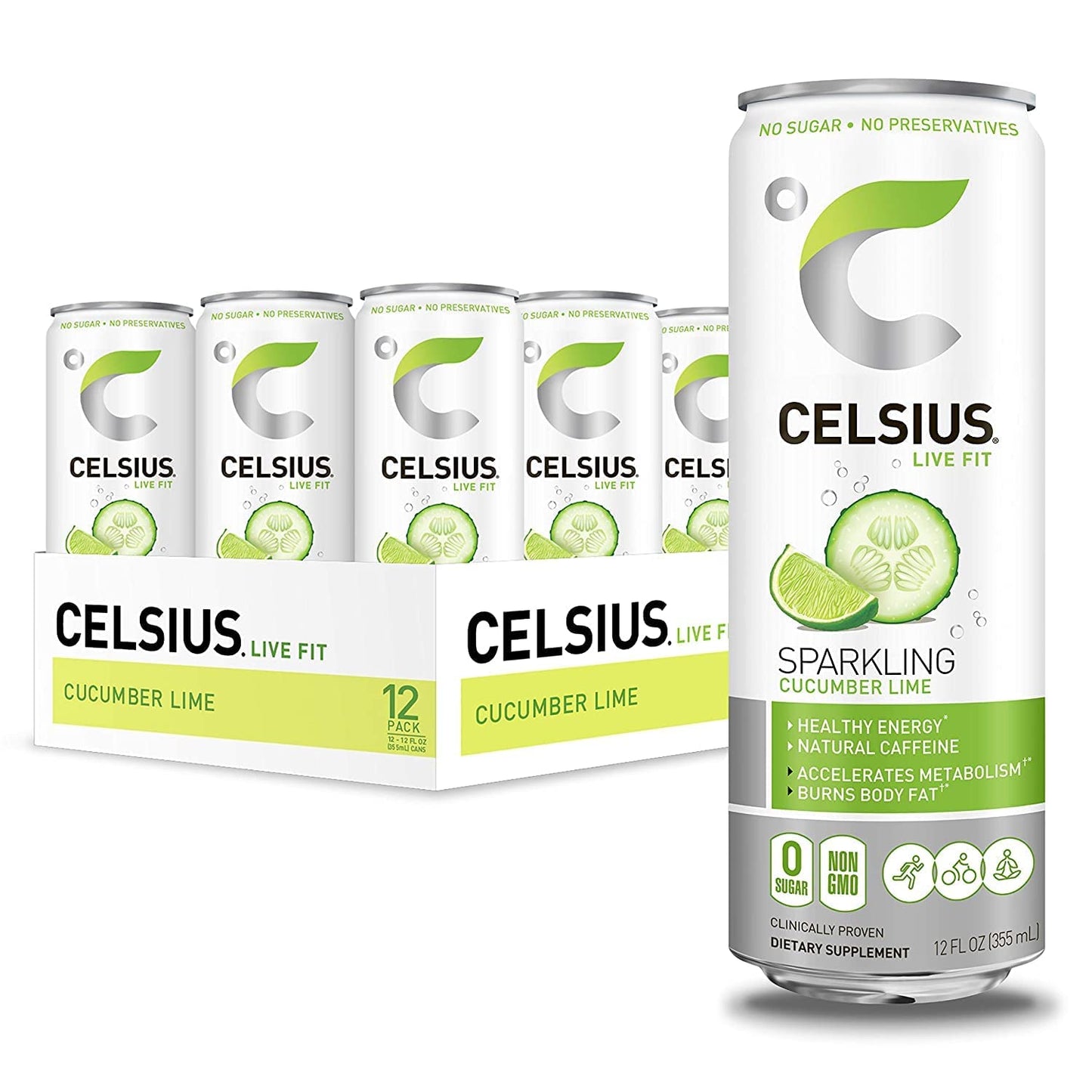 CELSIUS Sparkling, Sweetened with Stevia, Fitness Drink, Zero Sugar, 12oz. Slim Can | Cucumber Lime (Pack of 24)