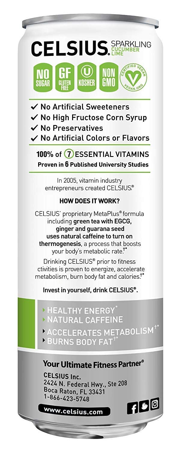 CELSIUS Sparkling, Sweetened with Stevia, Fitness Drink, Zero Sugar, 12oz. Slim Can | Cucumber Lime (Pack of 24)
