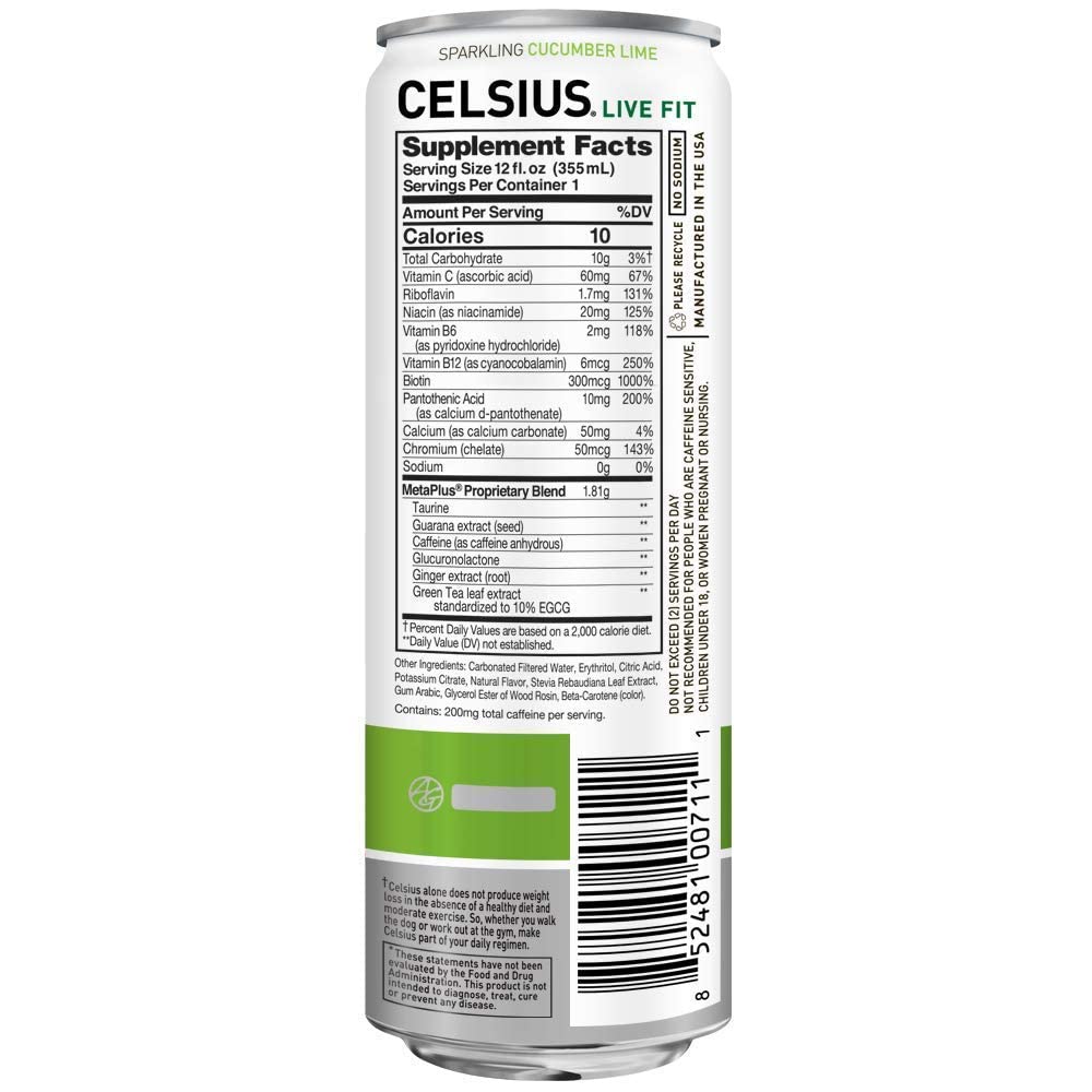 CELSIUS Sparkling, Sweetened with Stevia, Fitness Drink, Zero Sugar, 12oz. Slim Can | Cucumber Lime (Pack of 24)