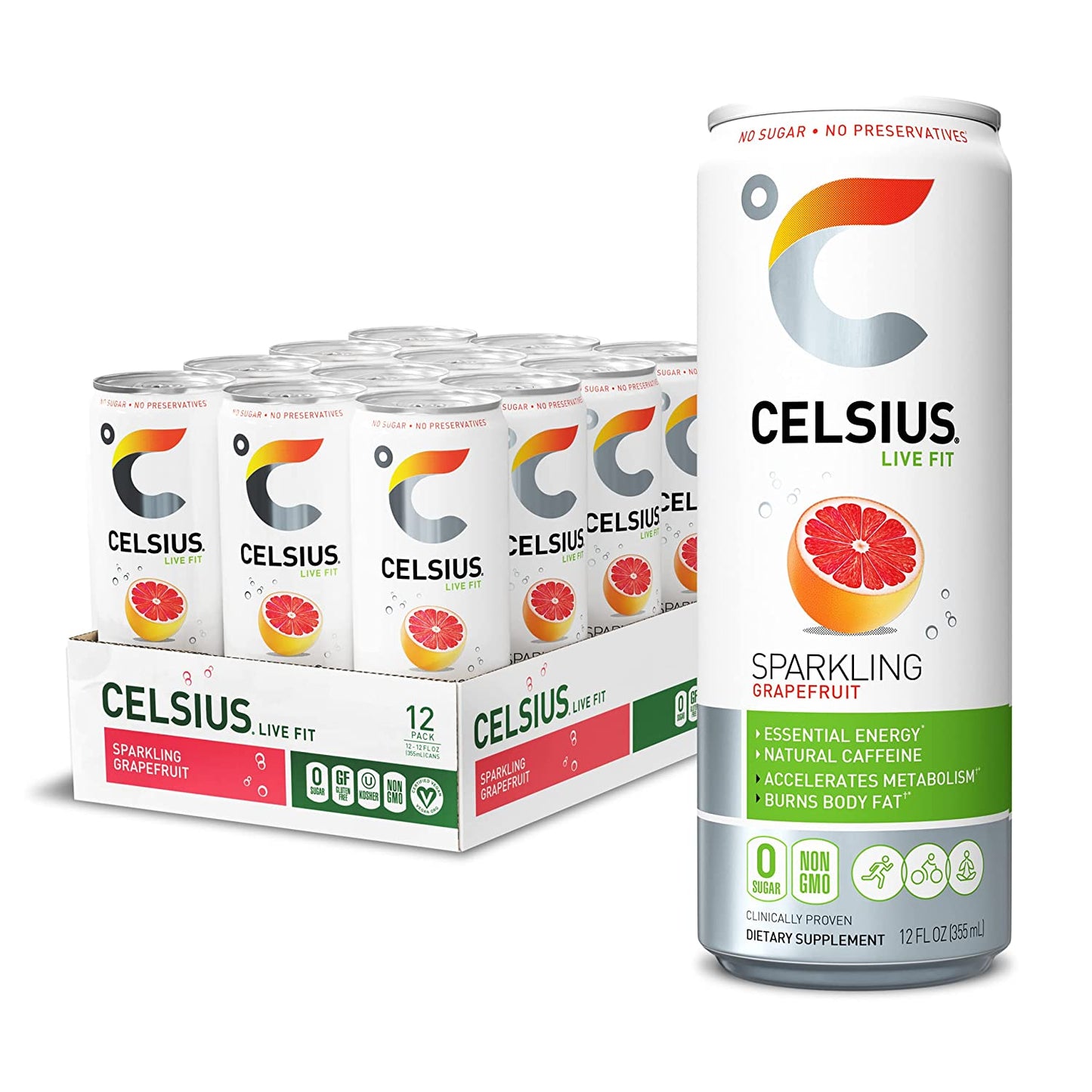 CELSIUS Sparkling, Sweetened with Stevia, Fitness Drink, Zero Sugar, 12oz. Slim Can | Grapefruit (Pack of 12)