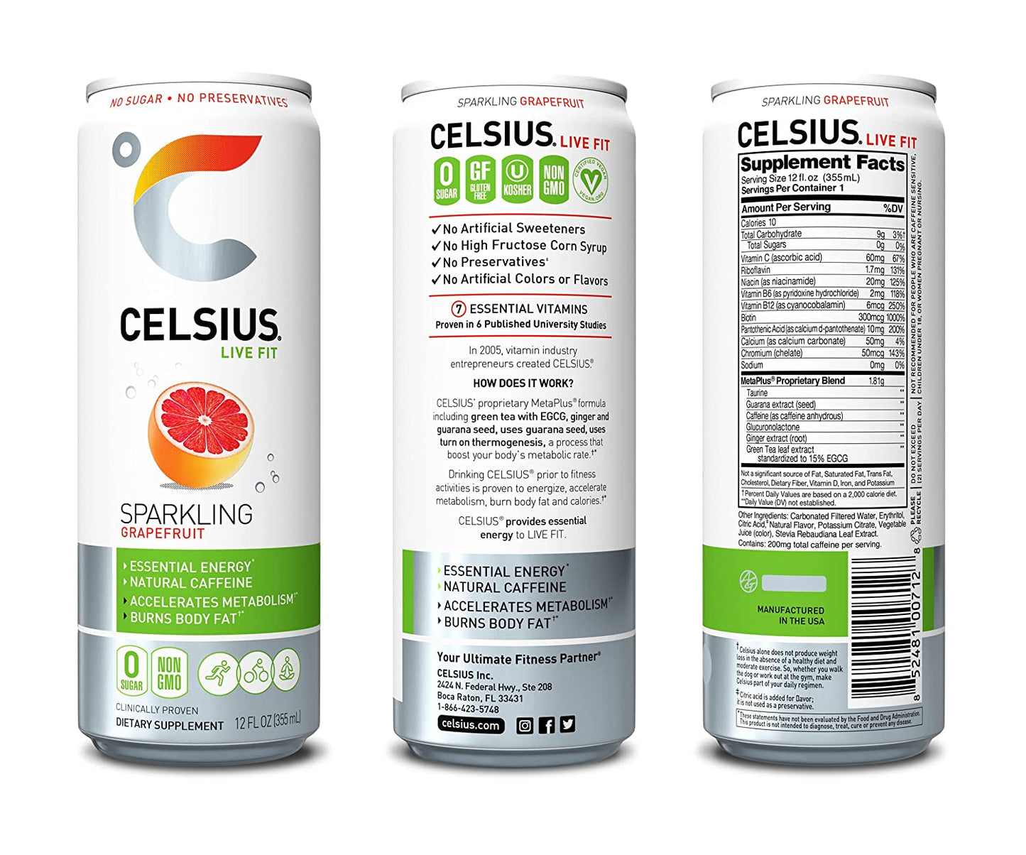 CELSIUS Sparkling, Sweetened with Stevia, Fitness Drink, Zero Sugar, 12oz. Slim Can | Grapefruit (Pack of 12)