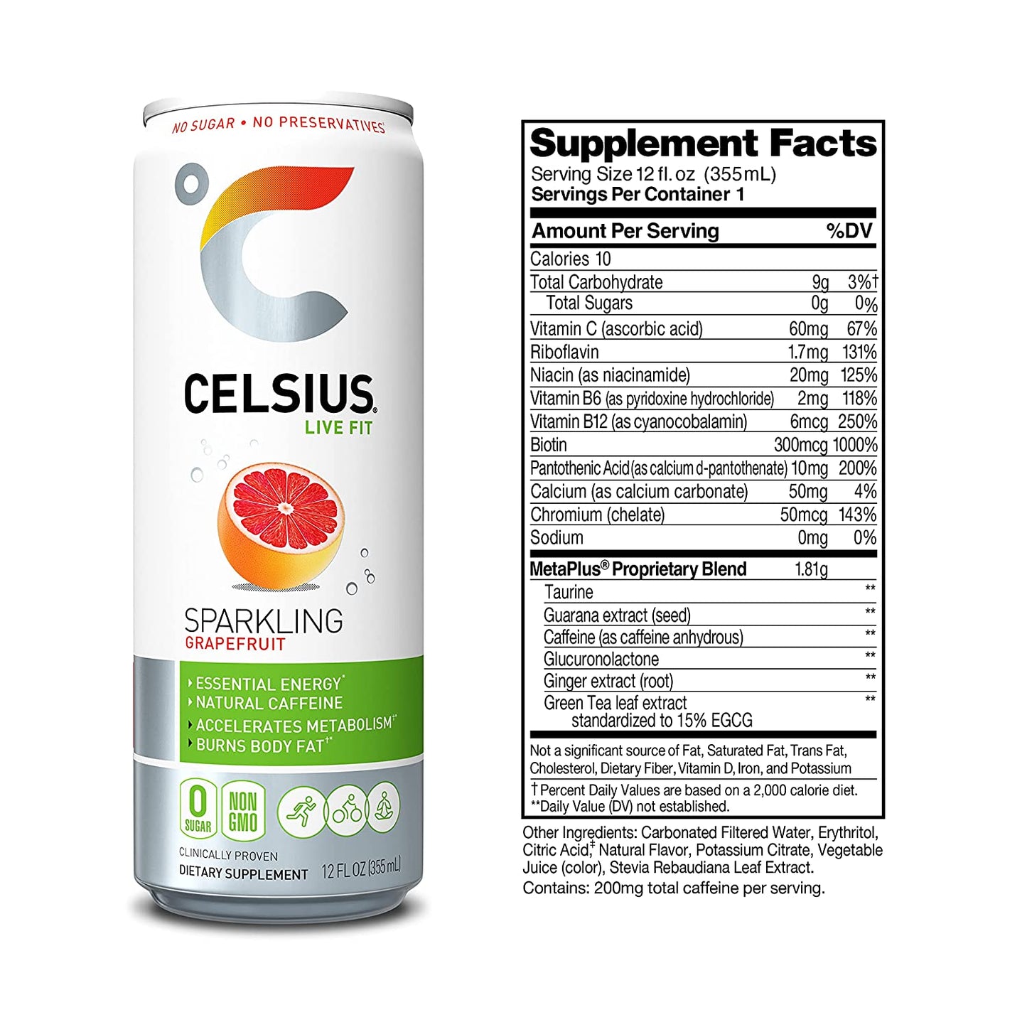 CELSIUS Sparkling, Sweetened with Stevia, Fitness Drink, Zero Sugar, 12oz. Slim Can | Grapefruit (Pack of 12)
