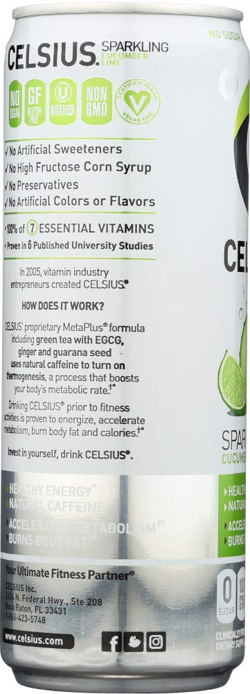 CELSIUS Sparkling, Sweetened with Stevia, Fitness Drink, Zero Sugar, 12oz. Slim Can | Cucumber Lime (Pack of 12)