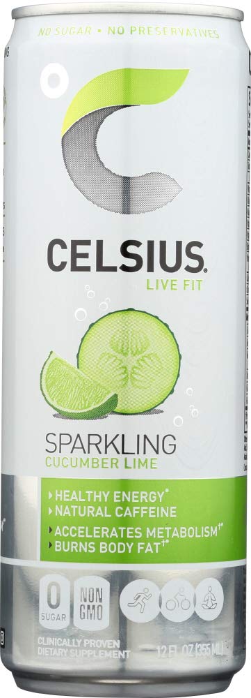 CELSIUS Sparkling, Sweetened with Stevia, Fitness Drink, Zero Sugar, 12oz. Slim Can | Cucumber Lime (Pack of 12)