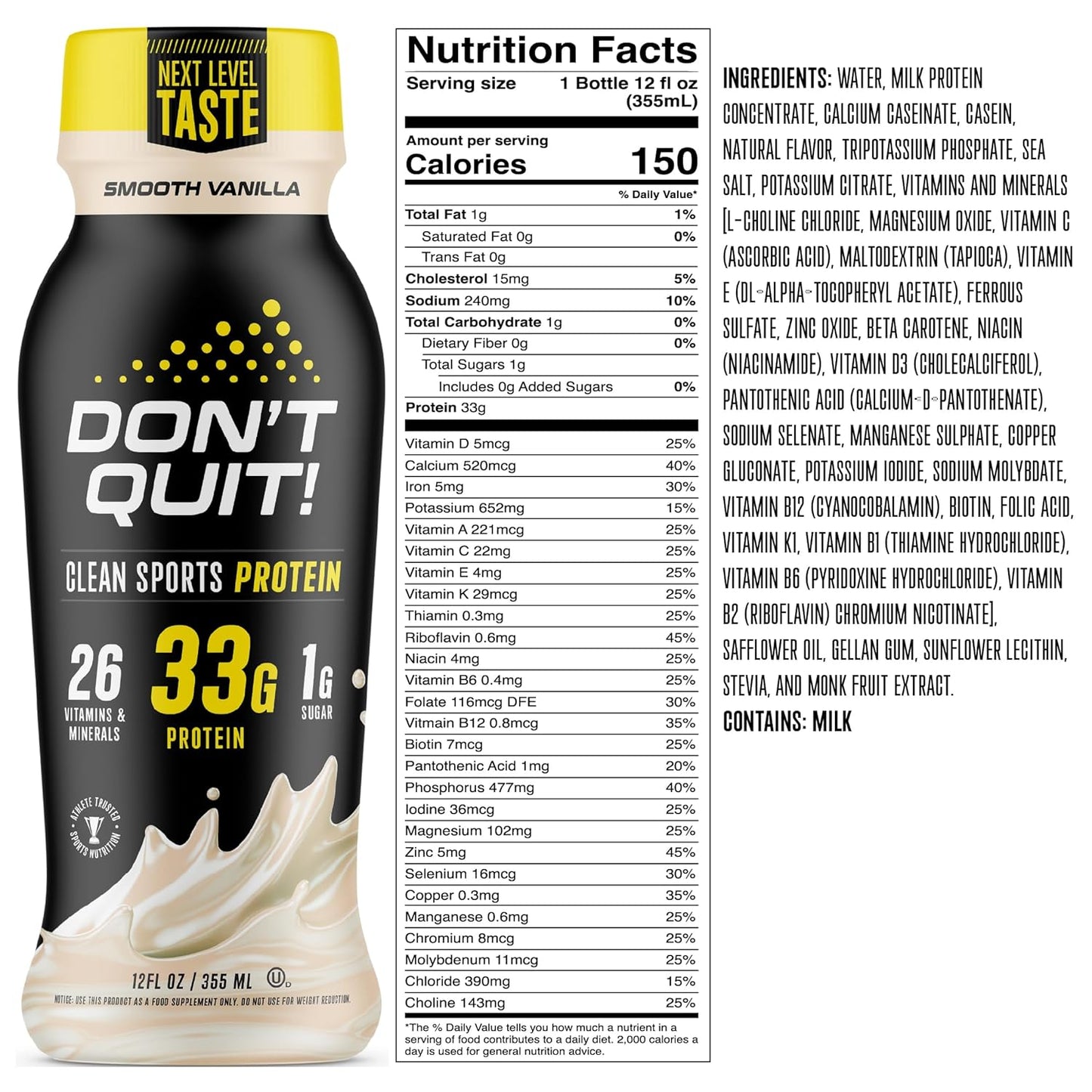 DON’T QUIT Clean Sports Protein Shake - 33 Grams of Protein Per Serving with 26 Vitamins and Minerals and Only 1 Gram of Sugar - No Artificial Colors, Flavors, or Sweeteners (Rich Chocolate, 12 Pack)