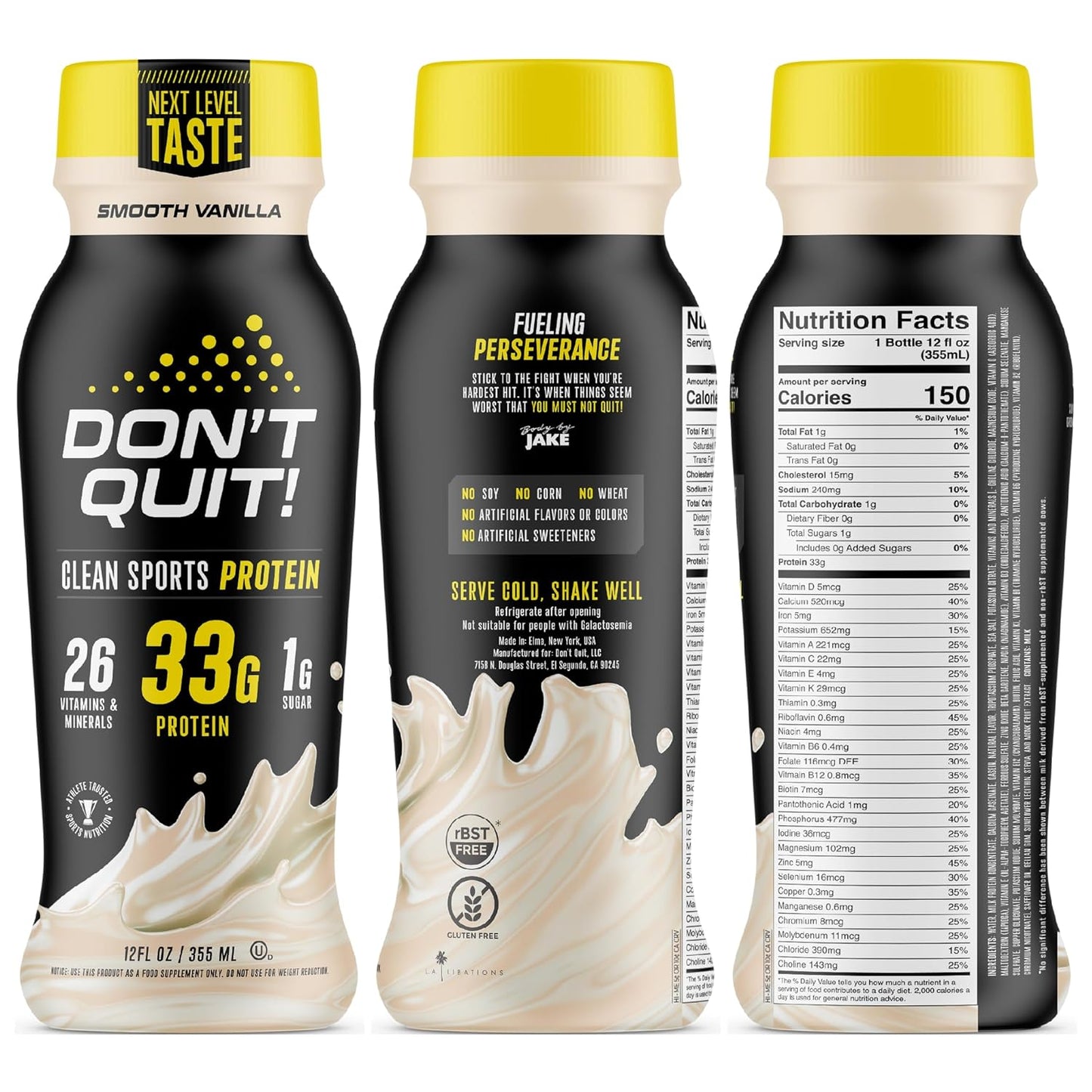DON’T QUIT Clean Sports Protein Shake - 33 Grams of Protein Per Serving with 26 Vitamins and Minerals and Only 1 Gram of Sugar - No Artificial Colors, Flavors, or Sweeteners (Rich Chocolate, 12 Pack)