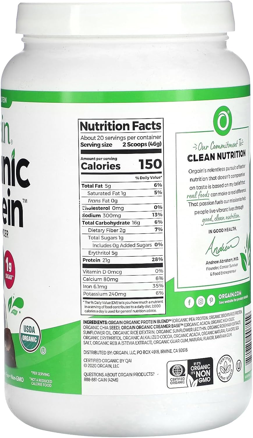 ORGAIN - Organic Protein Powde - Plant Based, Vegan, 21g Protein - Chocolate Coconut, 2.03 LBS (920 g)