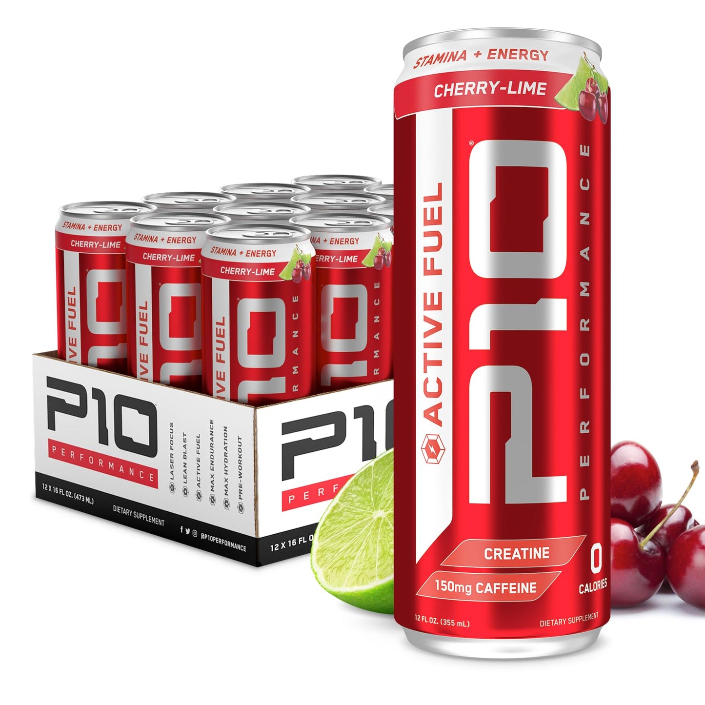 P10 Performance - Active Fuel Fitness Recovery Energy Drink, B Vitamins, Electrolytes for Hydration Recovery, Zero Sugar & Zero Calories, 150mg Caffeine - Cherry Lime, 12oz Cans (12 Pack)