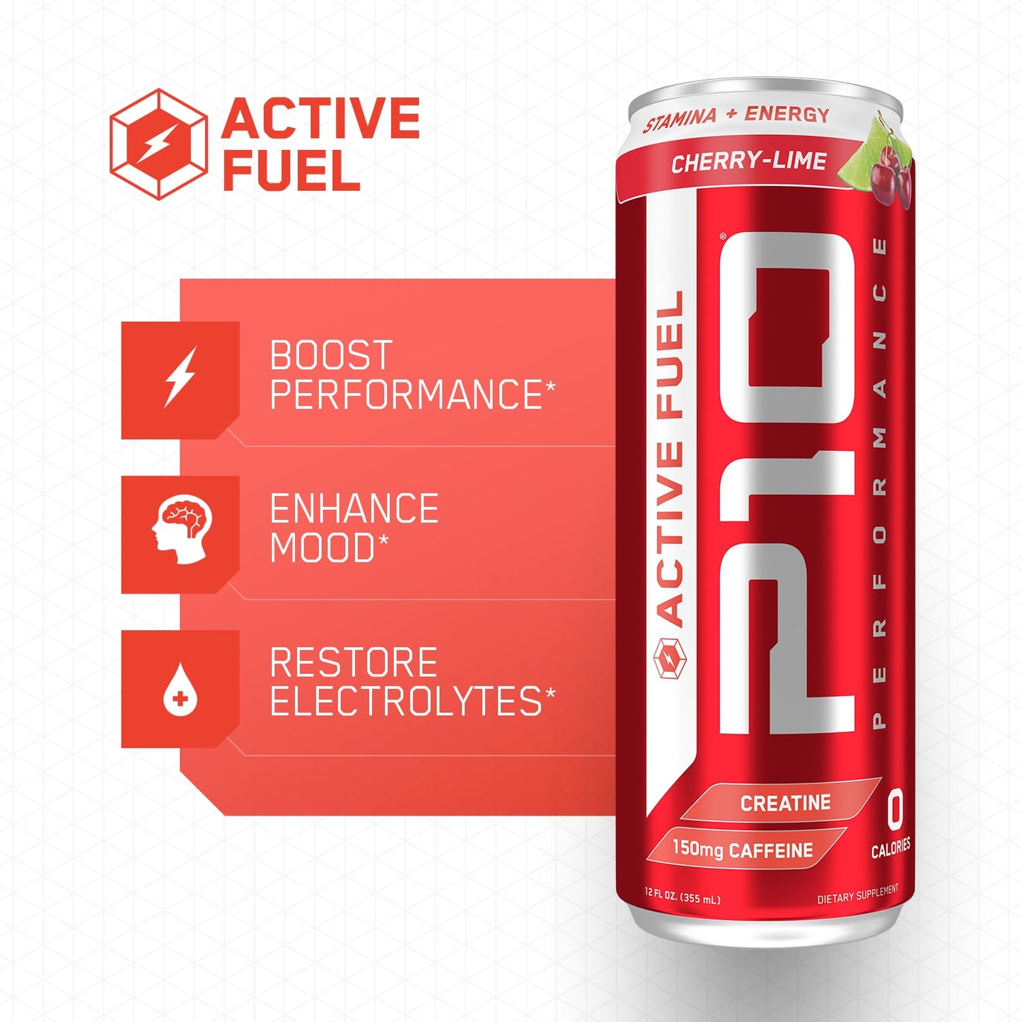 P10 Performance - Active Fuel Fitness Recovery Energy Drink, B Vitamins, Electrolytes for Hydration Recovery, Zero Sugar & Zero Calories, 150mg Caffeine - Cherry Lime, 12oz Cans (12 Pack)