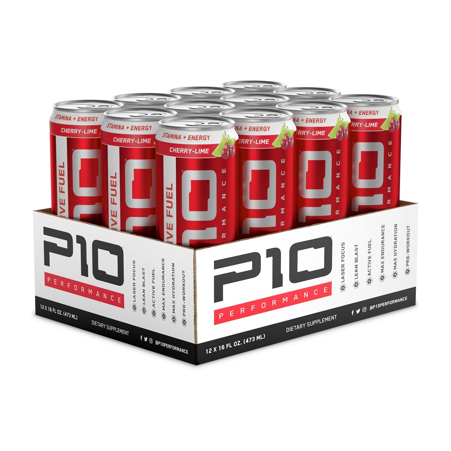 P10 Performance - Active Fuel Fitness Recovery Energy Drink, B Vitamins, Electrolytes for Hydration Recovery, Zero Sugar & Zero Calories, 150mg Caffeine - Cherry Lime, 12oz Cans (12 Pack)