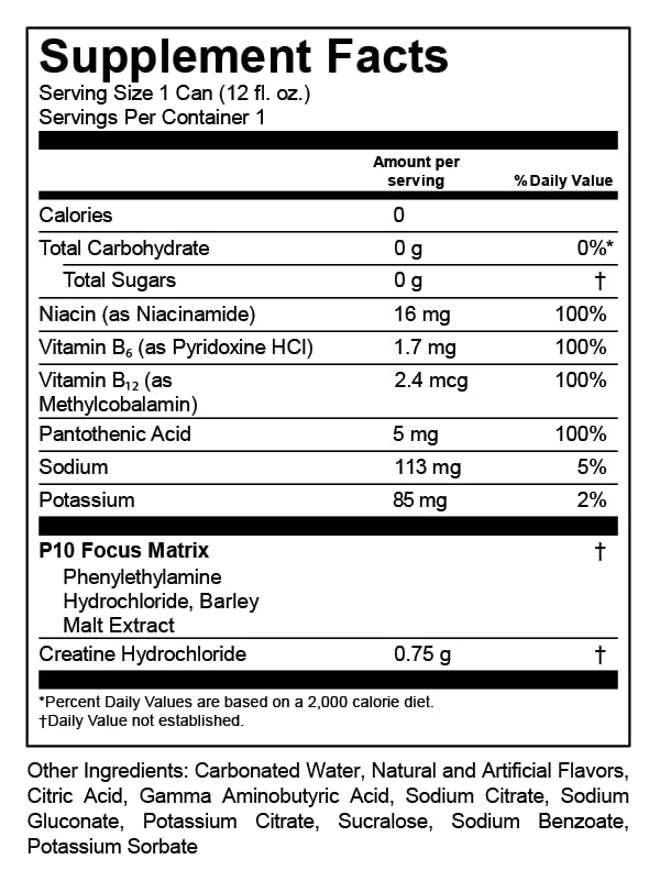 P10 Performance Sugar-Free Laser Focus Drink - Focus & Alertness, Electrolytes & Creatine - Caffeine-Free - Mandarin Mayhem, 12oz Cans (Pack of 12)