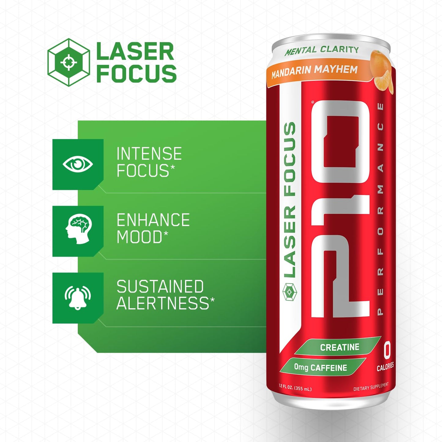 P10 Performance Sugar-Free Laser Focus Drink - Focus & Alertness, Electrolytes & Creatine - Caffeine-Free - Mandarin Mayhem, 12oz Cans (Pack of 12)