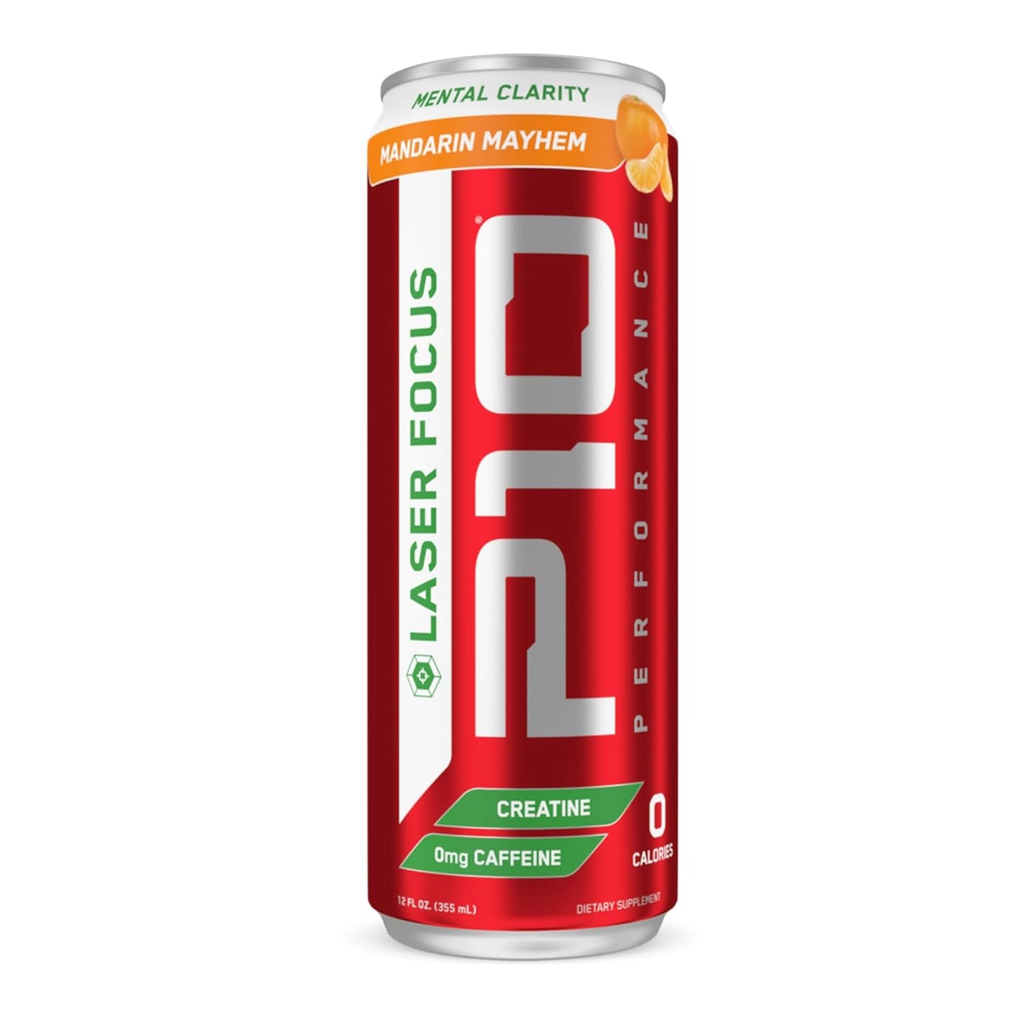 P10 Performance Sugar-Free Laser Focus Drink - Focus & Alertness, Electrolytes & Creatine - Caffeine-Free - Mandarin Mayhem, 12oz Cans (Pack of 12)