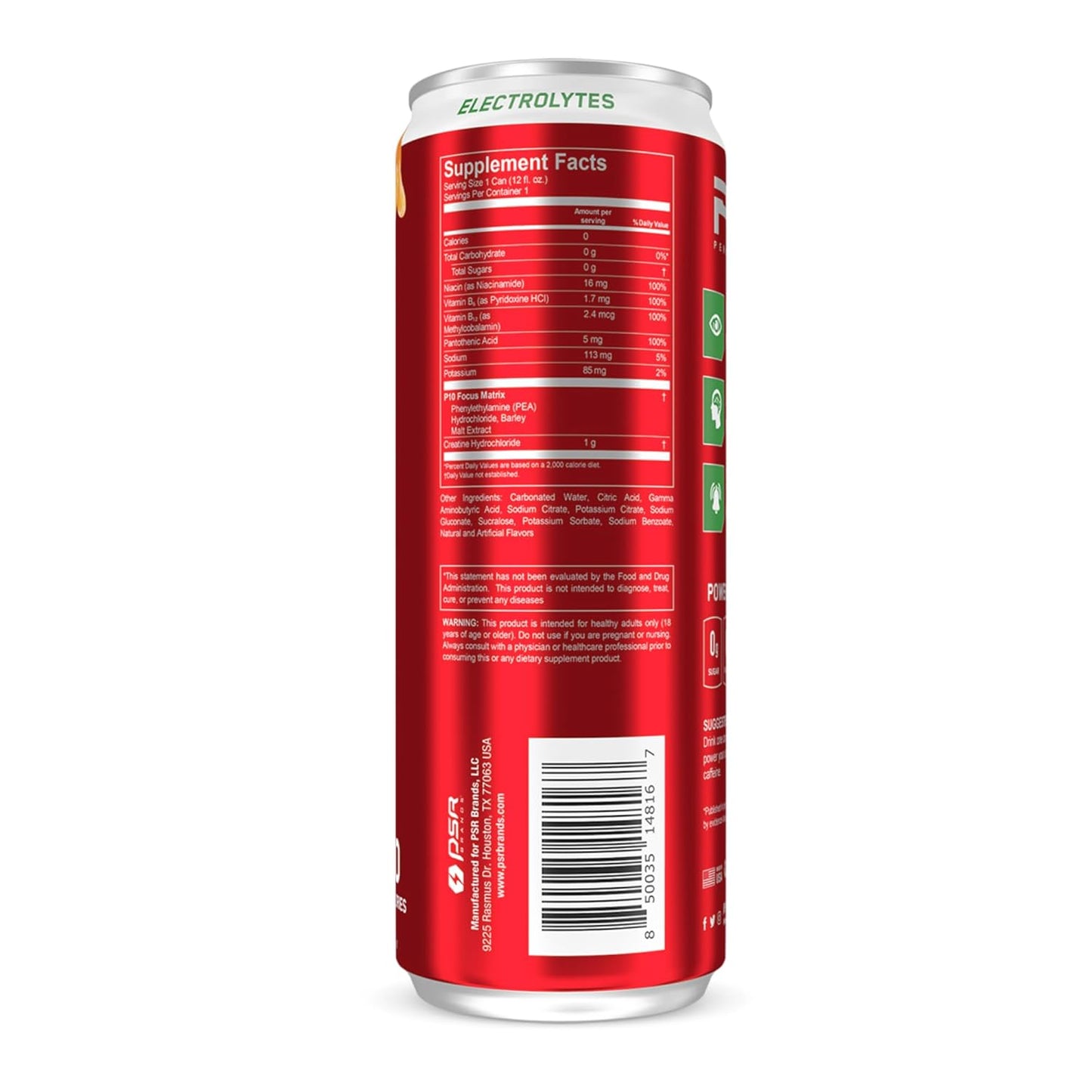 P10 Performance Sugar-Free Laser Focus Drink - Focus & Alertness, Electrolytes & Creatine - Caffeine-Free - Mandarin Mayhem, 12oz Cans (Pack of 12)