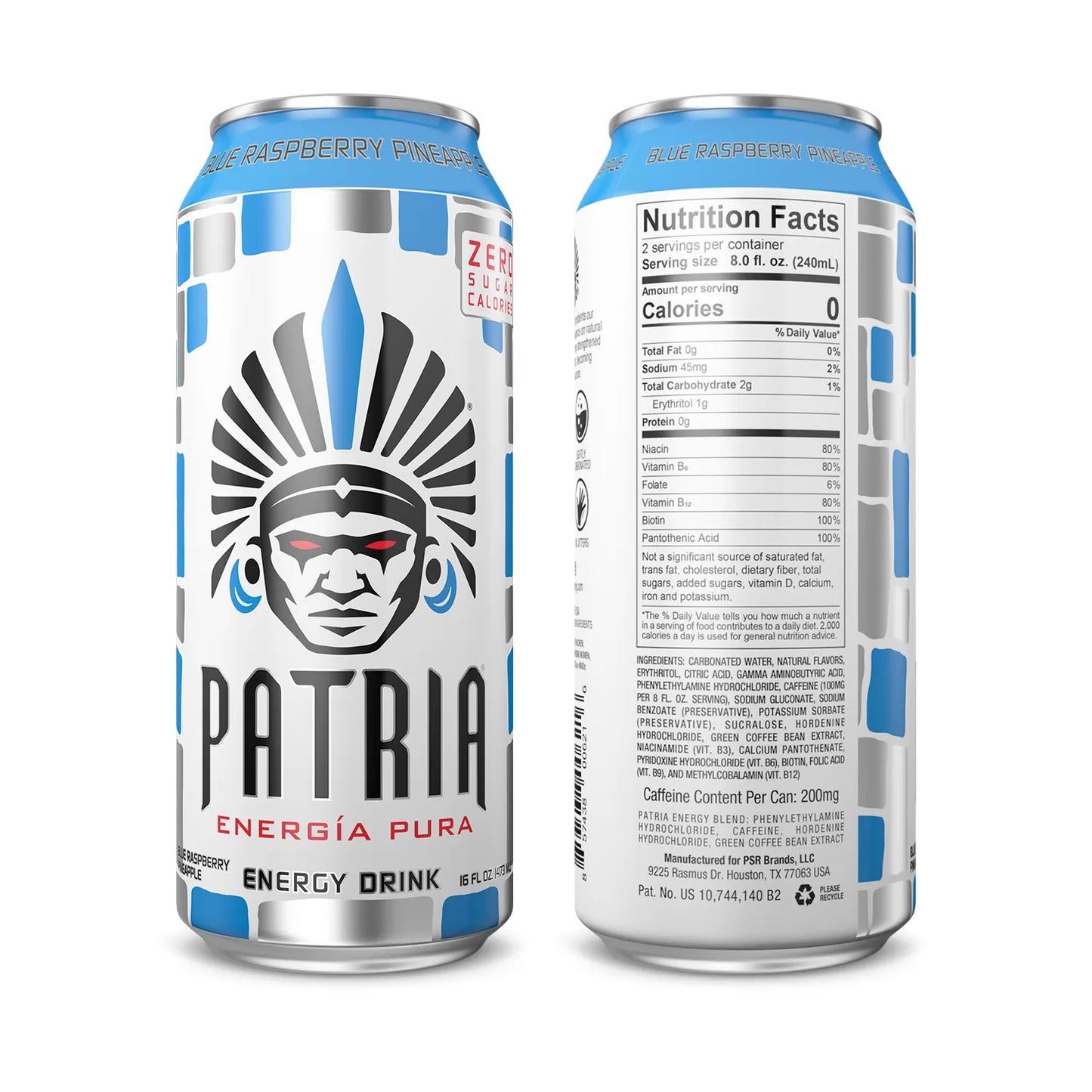 Patria Energy Drink - Blue Raspberry Pineapple - 16 oz Can (12 Pack Case)
