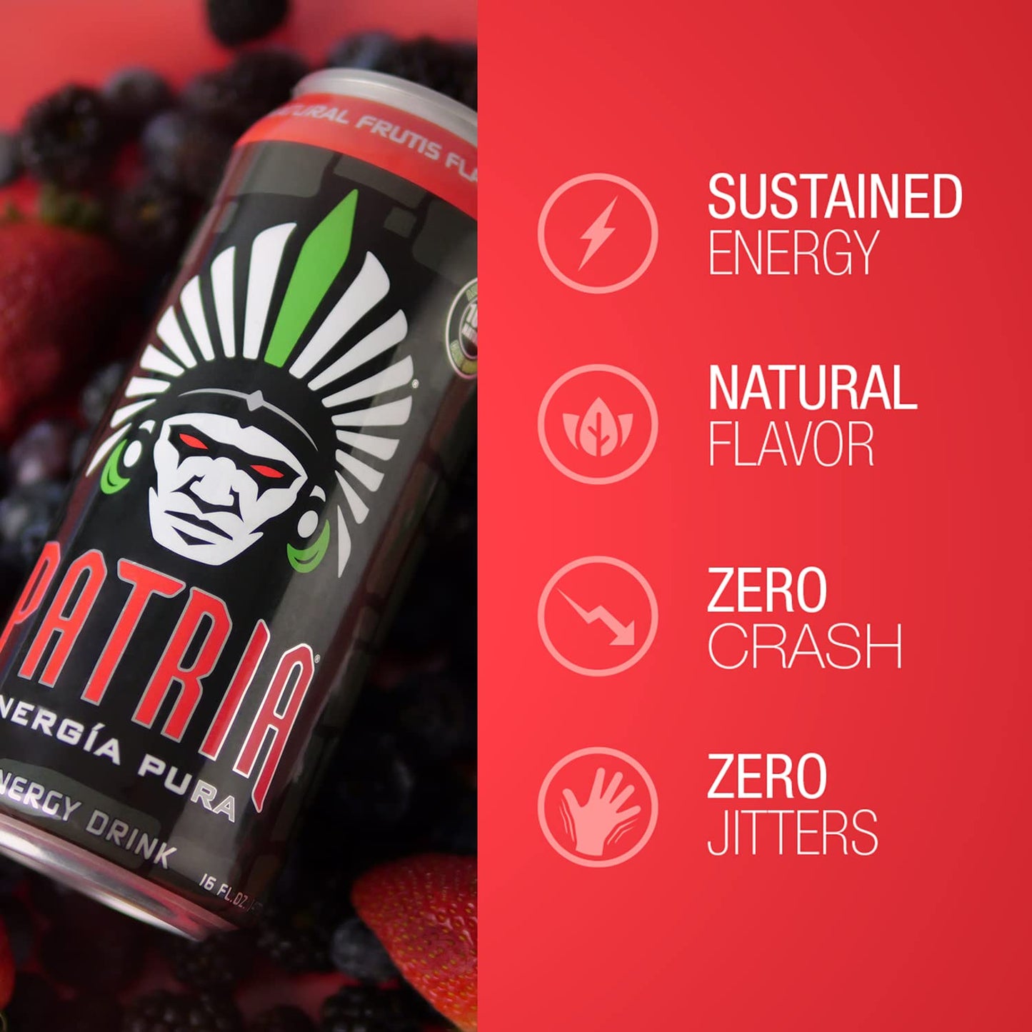 Patria Energia Pura Drink - 100% Natural Flavors, Cane Sugar- 200mg of Caffeine - 16oz Cans, Natural Orange Flavor (12 Pack)