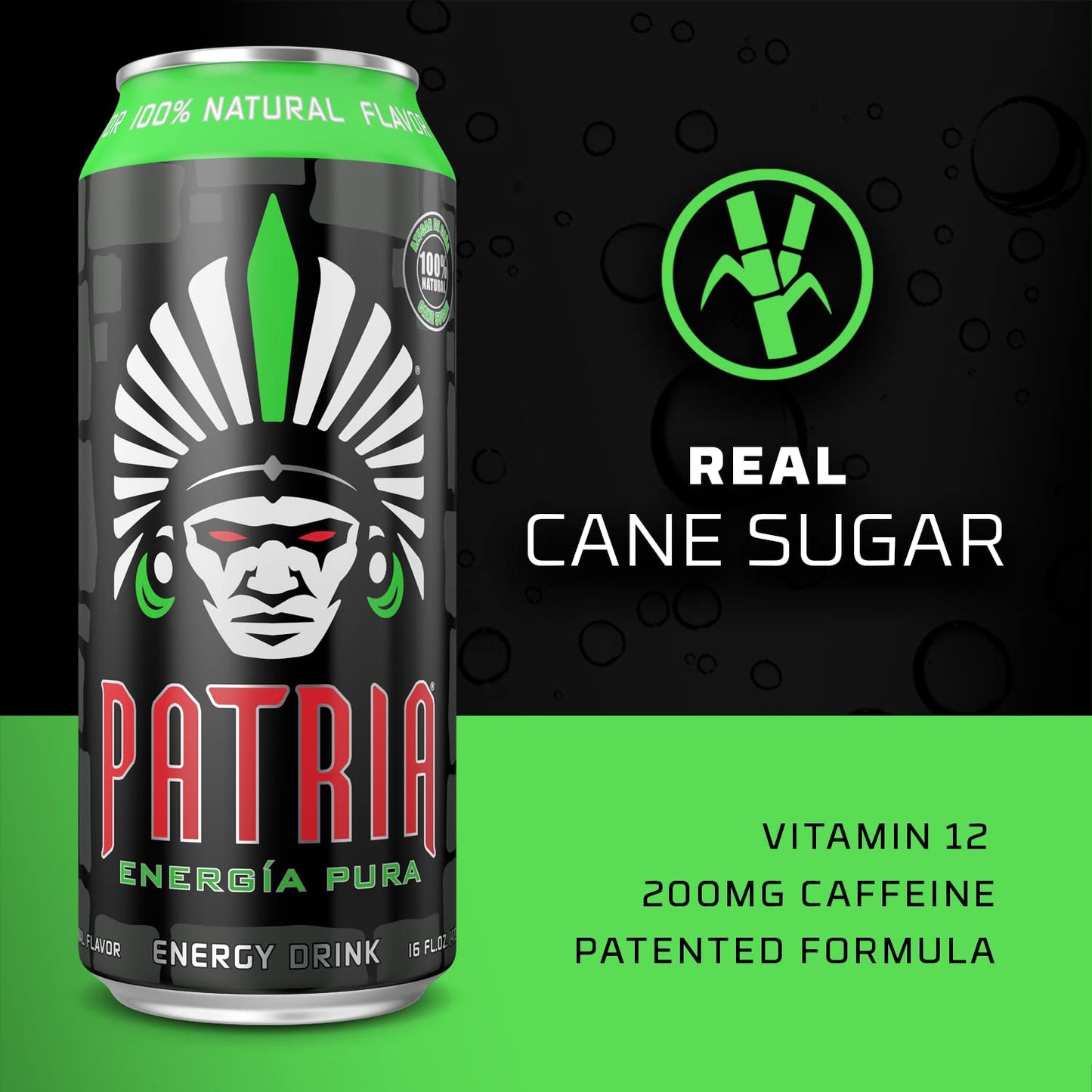 Patria Energia Pura Drink - 100% Natural Flavors, Cane Sugar- 200mg of Caffeine - 16oz Cans, Natural Orange Flavor (12 Pack)