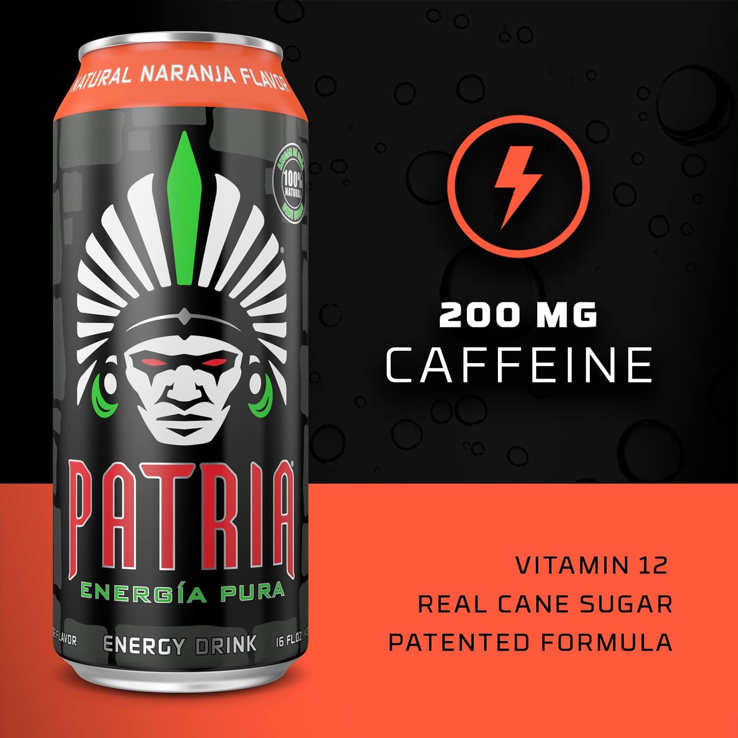 Patria Energia Pura Drink - 100% Natural Flavors, Cane Sugar- 200mg of Caffeine - 16oz Cans, Natural Orange Flavor (12 Pack)