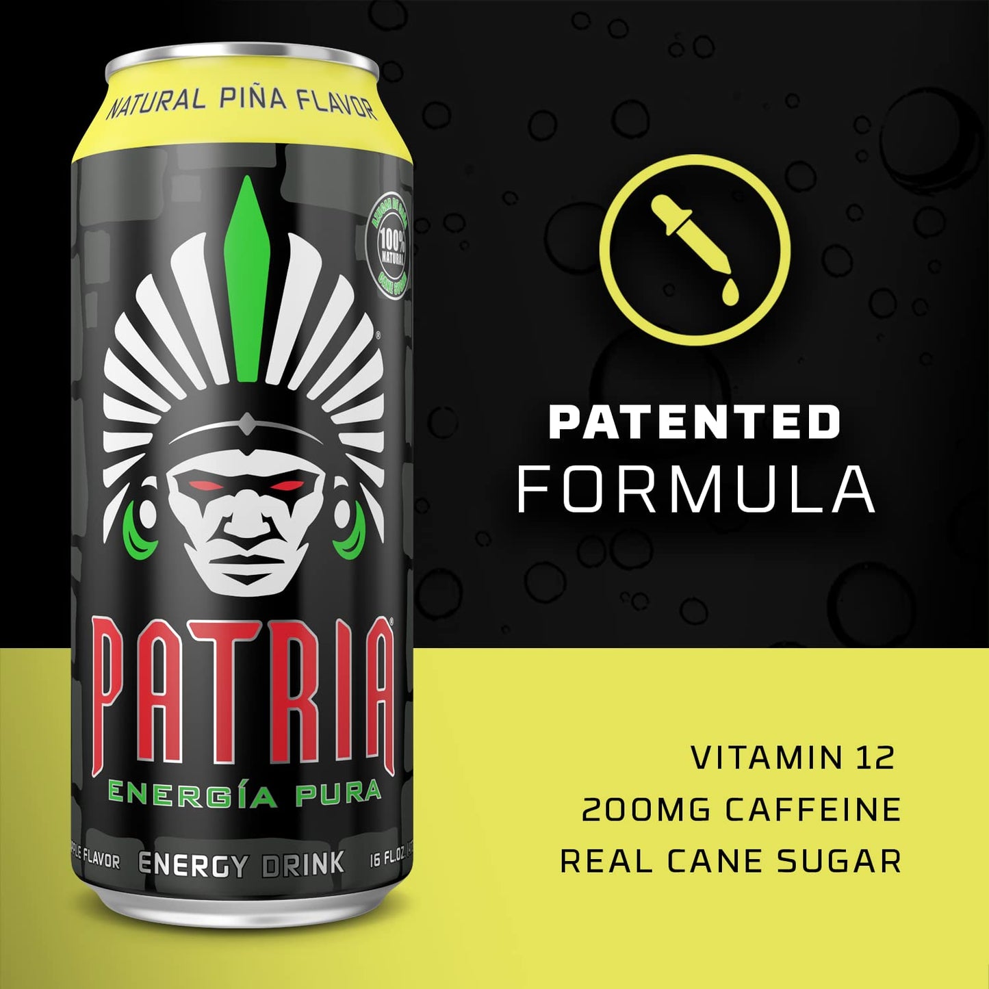 Patria Energia Pura Drink - 100% Natural Flavors, Cane Sugar- 200mg of Caffeine - 16oz Cans, Natural Orange Flavor (12 Pack)