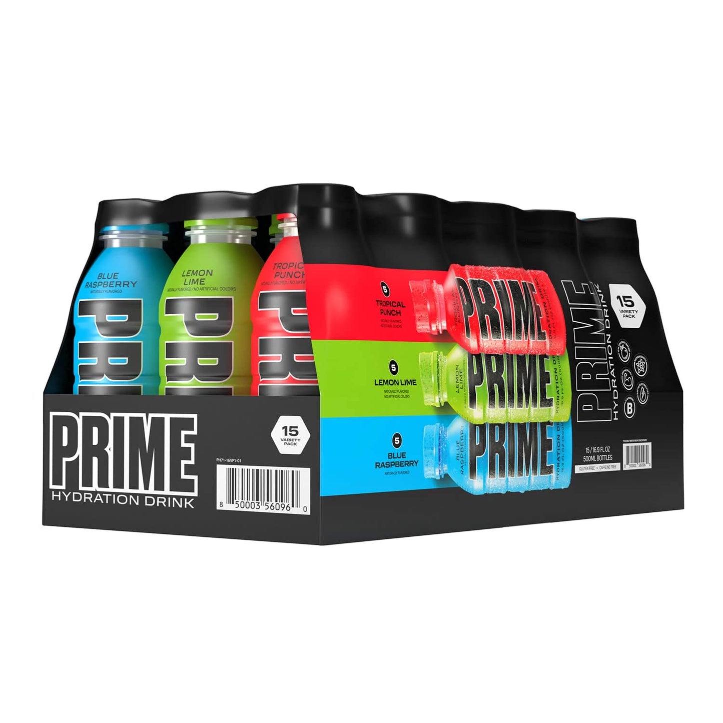 PRIME Hydration - Sports Drink, Electrolyte Enhanced, 250mg BCAAs, B Vitamins, Antioxidants - Tropical Punch, Lemon Lime, Blue Raspberry - Mix Flavors Variety Pack, (15) x 16.9oz Bottles