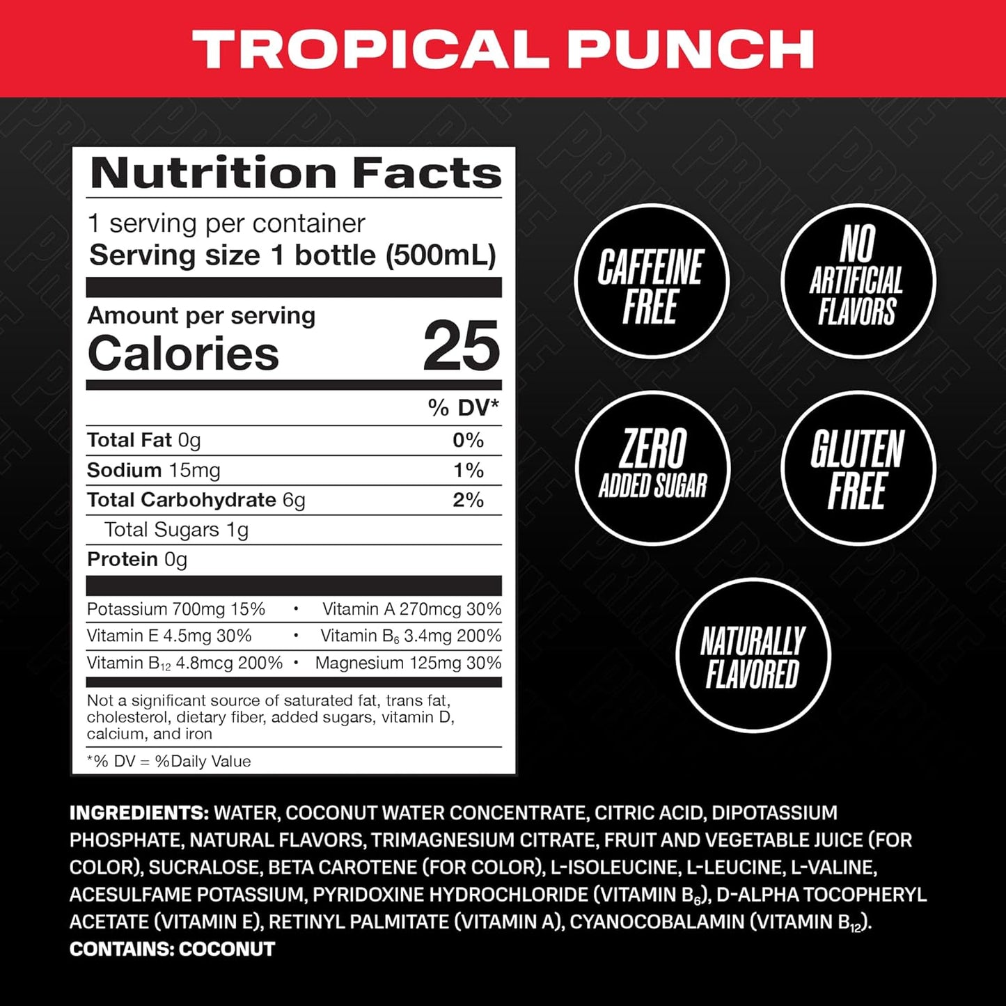 PRIME Hydration - Sports Drinks, Electrolyte Enhanced for Replenishing Fluids, 250mg BCAAs, B Vitamins, Antioxidants, Low Sugar - TROPICAL PUNCH, 16.9 Fl Oz (12 Pack)