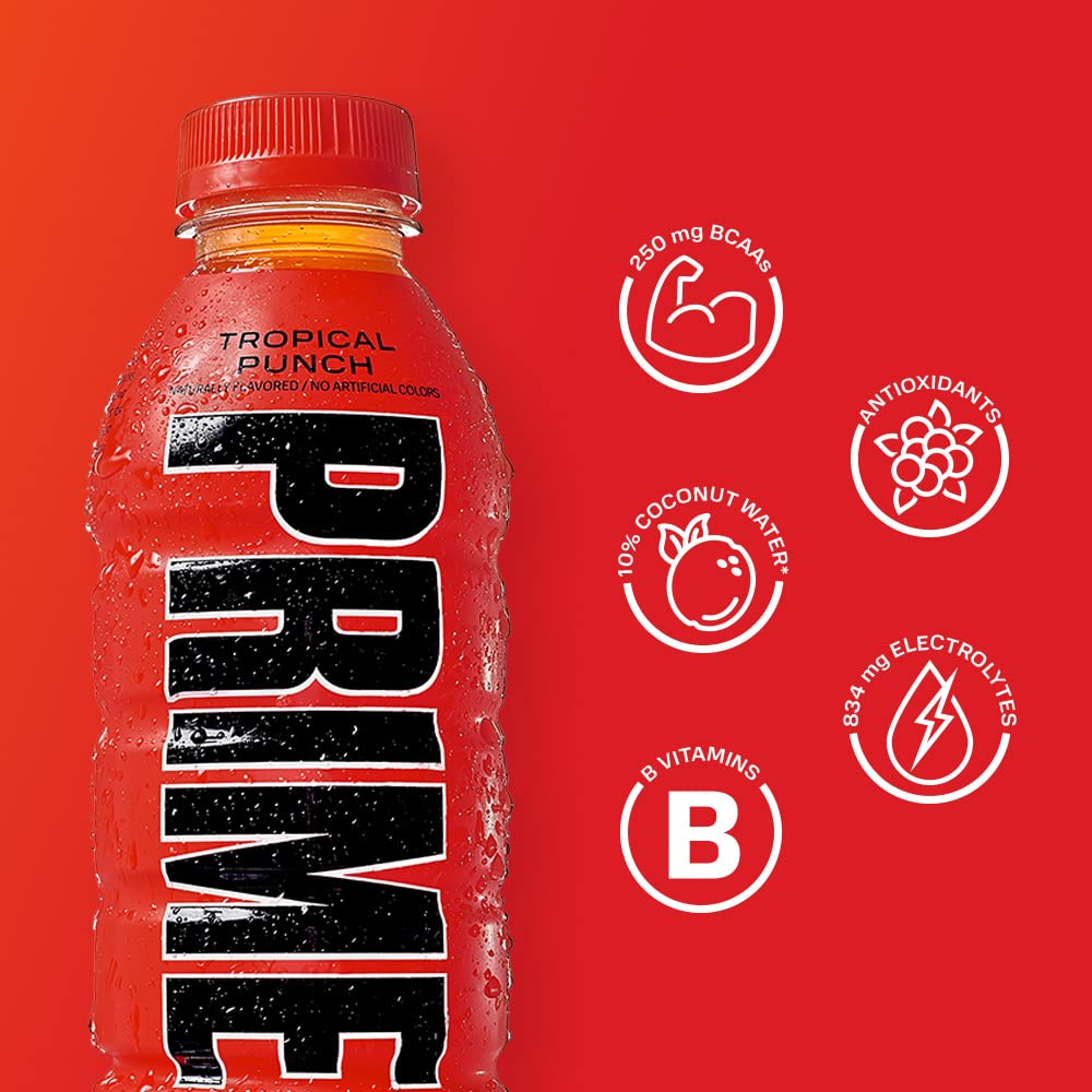PRIME Hydration - Sports Drinks, Electrolyte Enhanced for Replenishing Fluids, 250mg BCAAs, B Vitamins, Antioxidants, Low Sugar - TROPICAL PUNCH, 16.9 Fl Oz (12 Pack)
