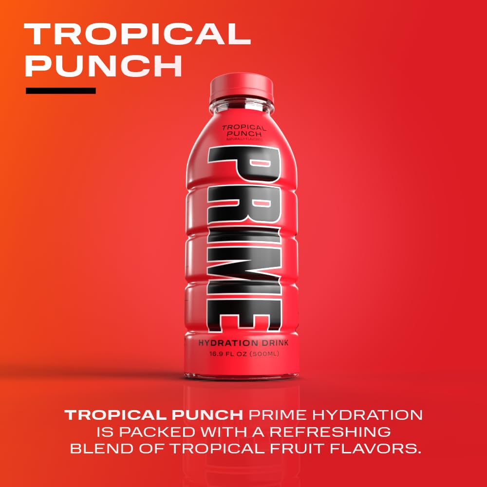 PRIME Hydration - Sports Drinks, Electrolyte Enhanced for Replenishing Fluids, 250mg BCAAs, B Vitamins, Antioxidants, Low Sugar - TROPICAL PUNCH, 16.9 Fl Oz (12 Pack)