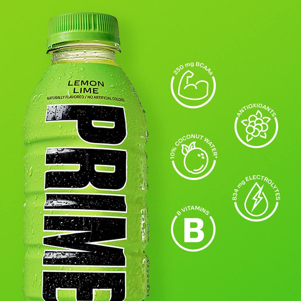 PRIME Hydration - Sports Drinks, Electrolyte Enhanced for Replenishing Fluids, 250mg BCAAs, B Vitamins, Antioxidants, Low Sugar - LEMON LIME, 16.9 Fl Oz (12 Pack)