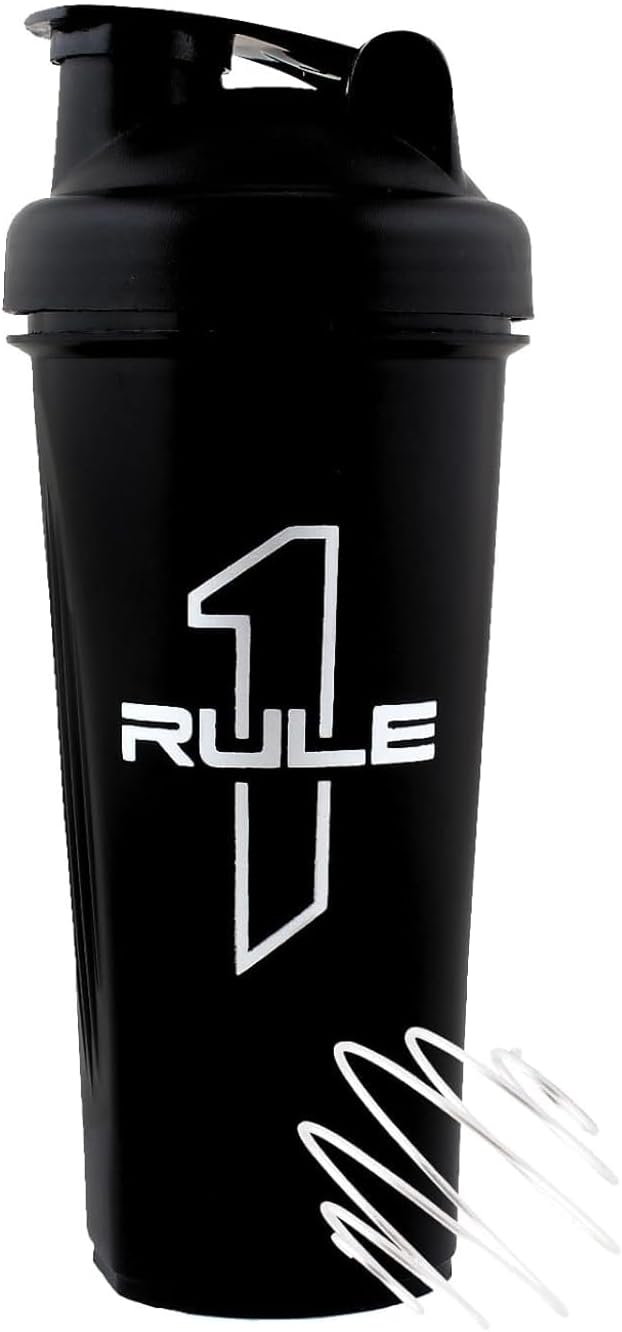 RULE 1 (R1) Proteins - Premium Shaker Bottle - 100% BPA FREE, Leakproof With Whisking Spring, Ideal For Protein, Pre & Post Workout Drinks - Black, 25oz (700ml)