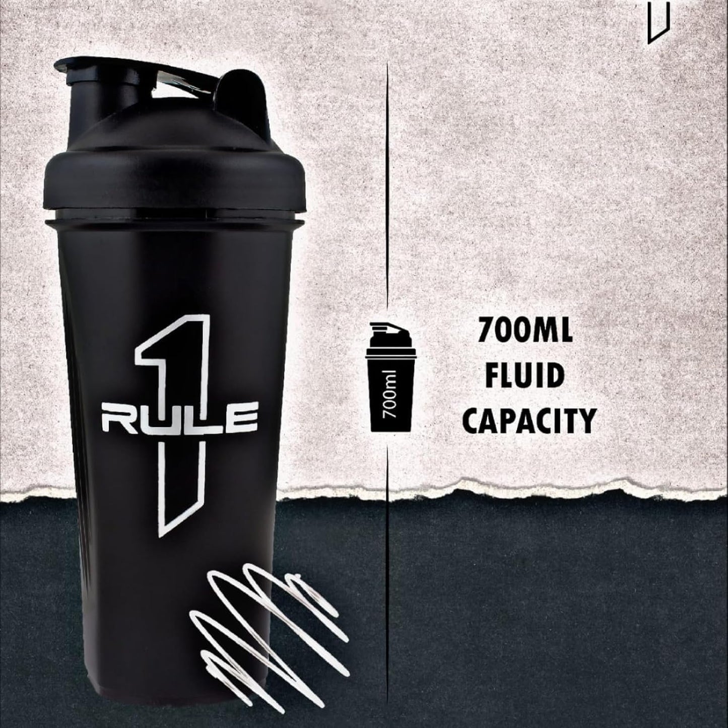 RULE 1 (R1) Proteins - Premium Shaker Bottle - 100% BPA FREE, Leakproof With Whisking Spring, Ideal For Protein, Pre & Post Workout Drinks - Black, 25oz (700ml)