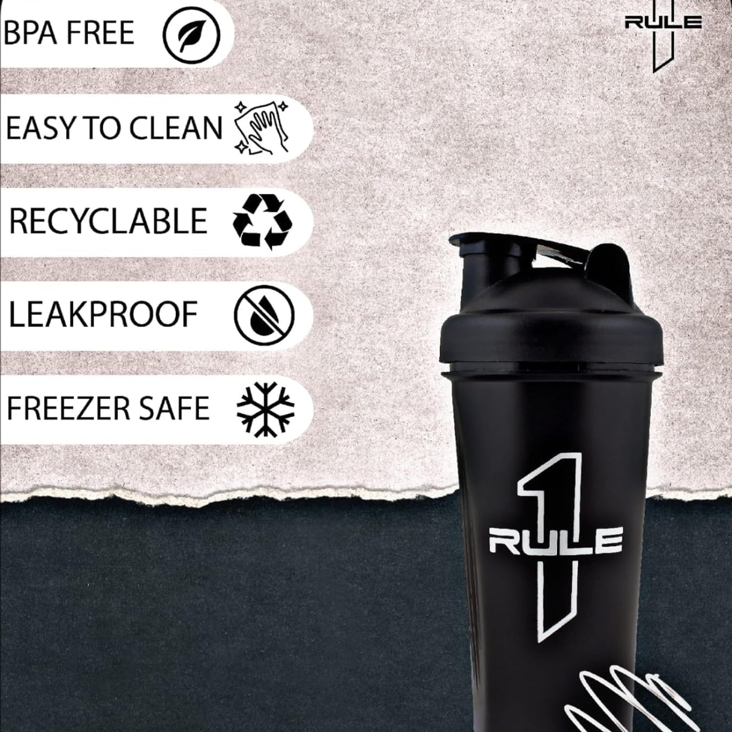RULE 1 (R1) Proteins - Premium Shaker Bottle - 100% BPA FREE, Leakproof With Whisking Spring, Ideal For Protein, Pre & Post Workout Drinks - Black, 25oz (700ml)