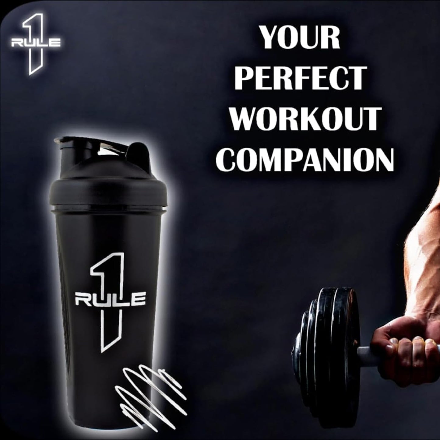 RULE 1 (R1) Proteins - Premium Shaker Bottle - 100% BPA FREE, Leakproof With Whisking Spring, Ideal For Protein, Pre & Post Workout Drinks - Black, 25oz (700ml)