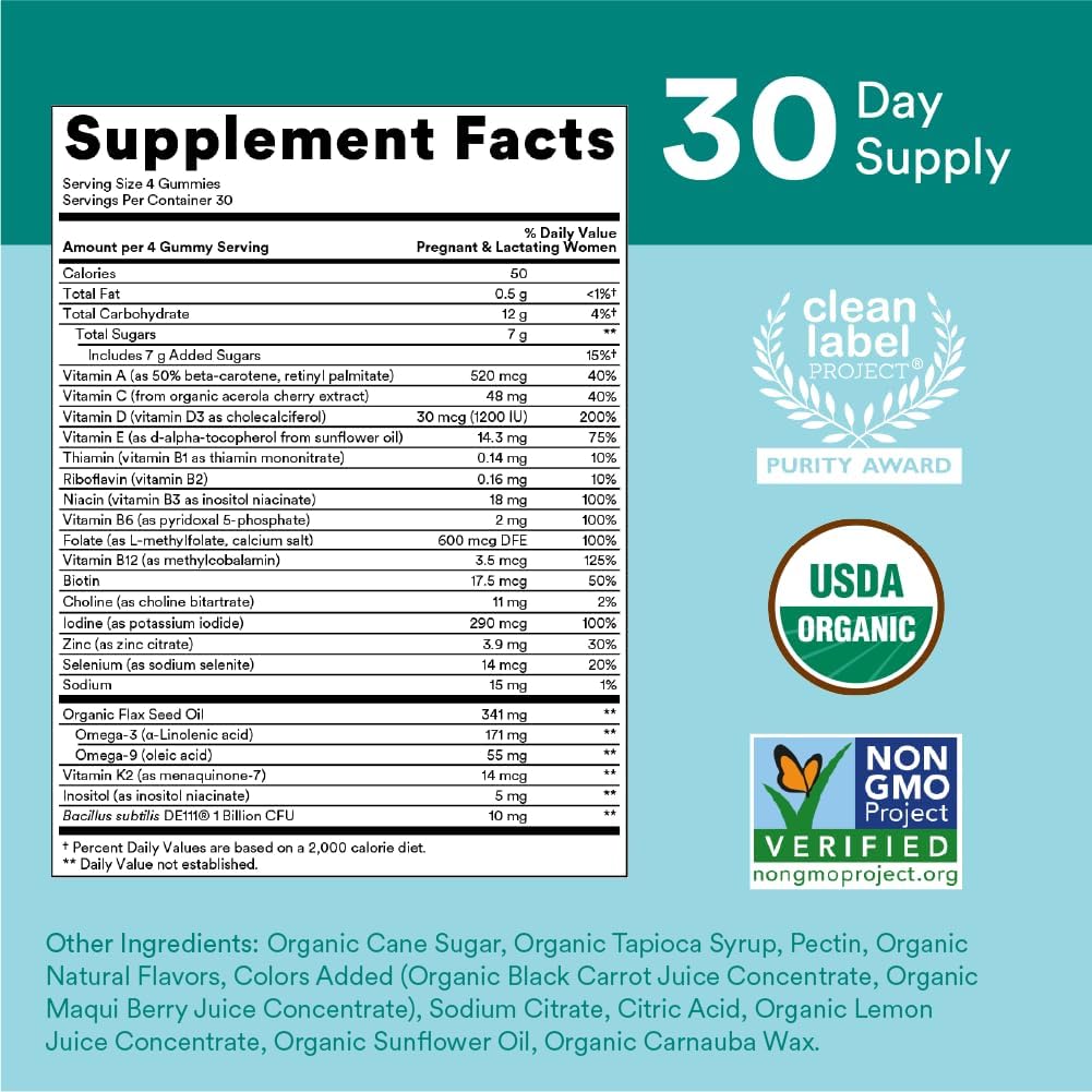SmartyPants Organic Prenatal Vitamins for Women, Multivitamin Gummies: Probiotics, Biotin, Methylfolate, Omega 3 (ALA), Vitamin D3, C, Vitamin B12, B6, A, K2 & Zinc, Choline, 120 Count (30 Day Supply)