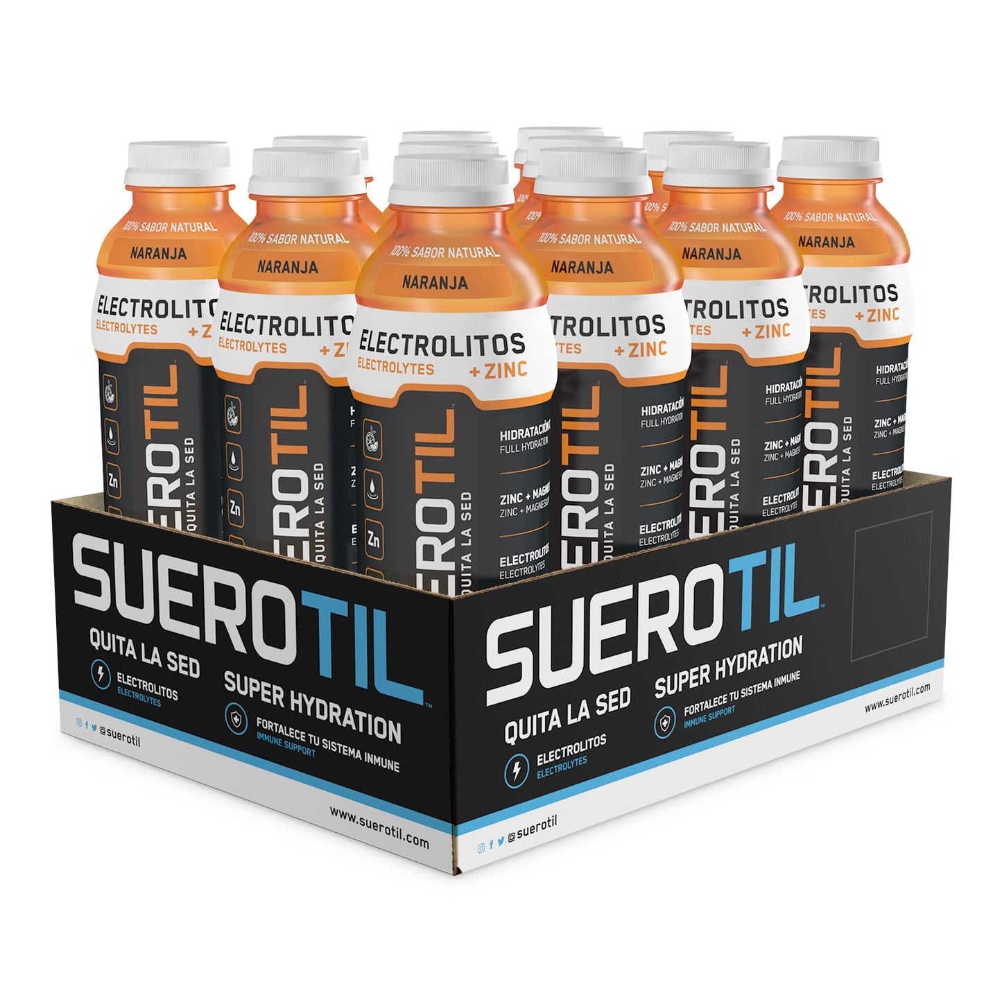 Suerotil - Full Hydration Beverage, Sugar Free, With Electrolytes, Zinc, Calcium, Magnesium - Orange, 12oz (12 Bottles)