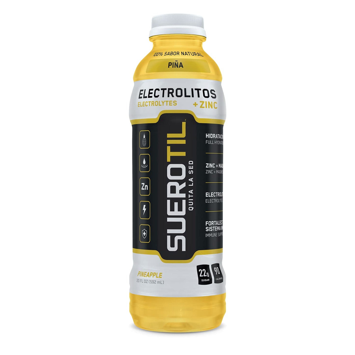 Suerotil - Sugar-Free Full Hydration Beverage, Electrolytes & Zinc, Immune Support - Pineapple, 20oz Bottles (12-Pack)