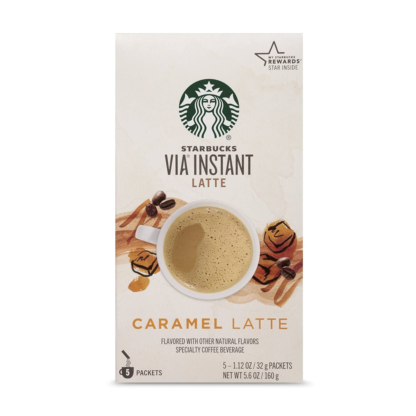 Starbucks - VIA Instant Caramel Latte - 100% Arabica Micro-Ground Coffee, Creamy Natural Caramel - Caramel Latte, 1 Box (5 Packets)
