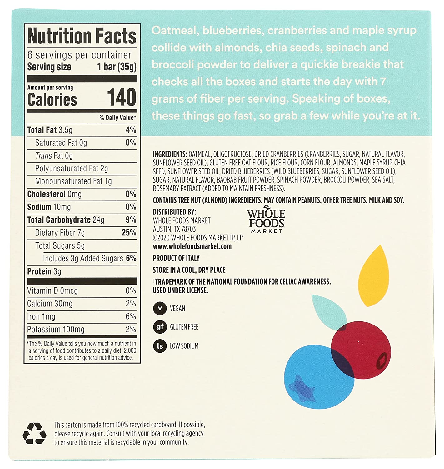 365 Whole Foods Market - Breakfast Bar - Gluten Free, Excellent Fiber, Omega-3, Omega-6 | Berry Maple, (24) Bars