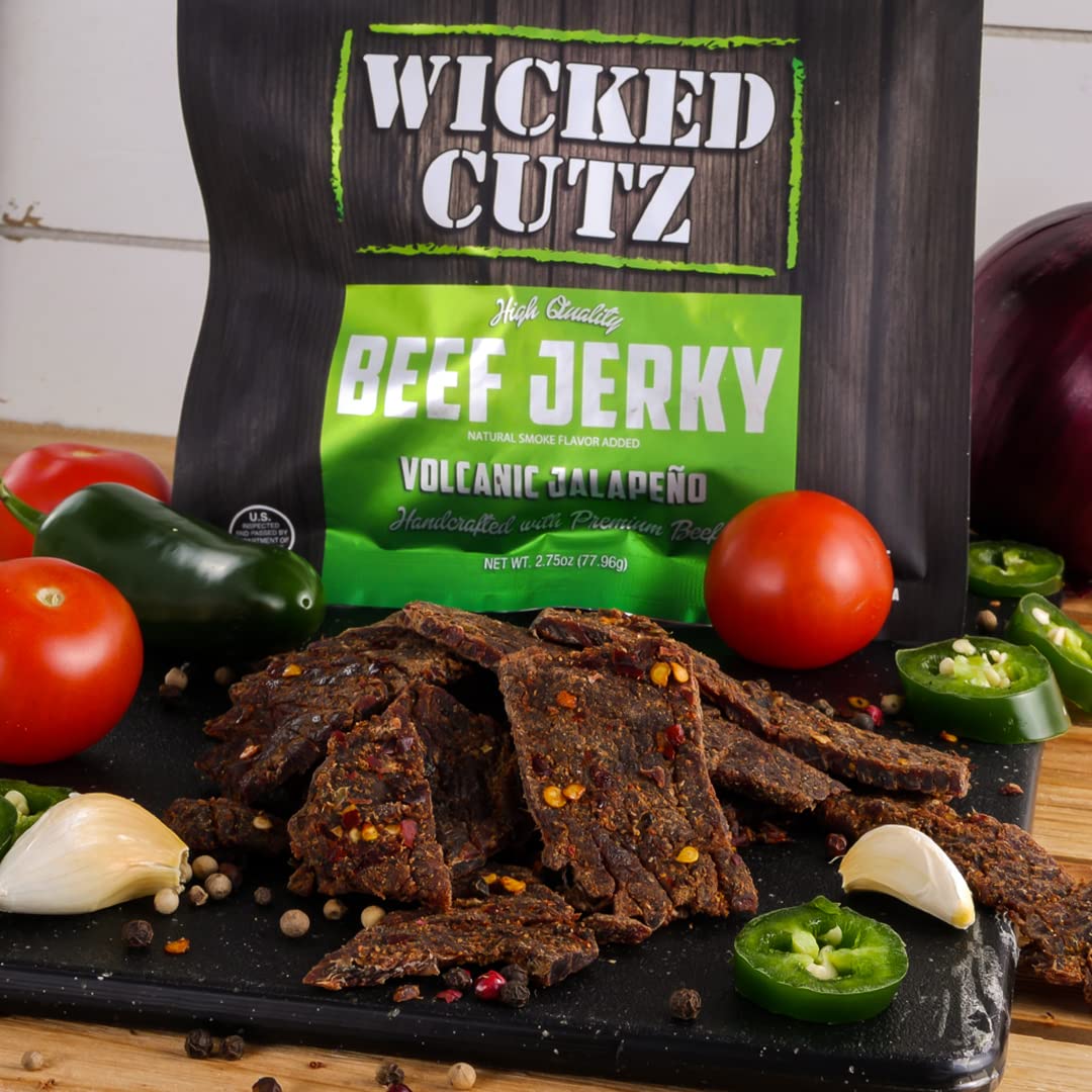 Wicked Cutz - Volcanic Jalapeno Spicy Beef Jerky Tender, Flavorful, Easy to Chew Premium Jerky with 27g Protein Per Bag Carnivore Diet Snacks, Made with Fresh Jalapeno Peppers (2 Bags)
