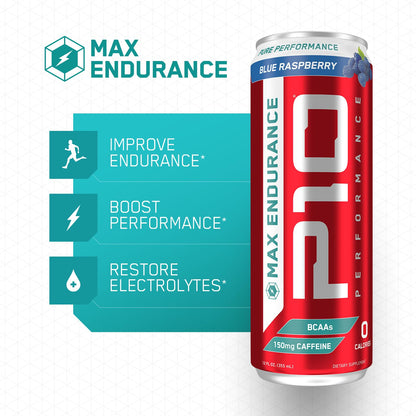 P10 Performance Max Endurance Drink - Sugar Free, Electrolytes, BCAAs, Creatine & 200mg Caffeine, 12oz Cans - Blue Raspberry (12-Pack)